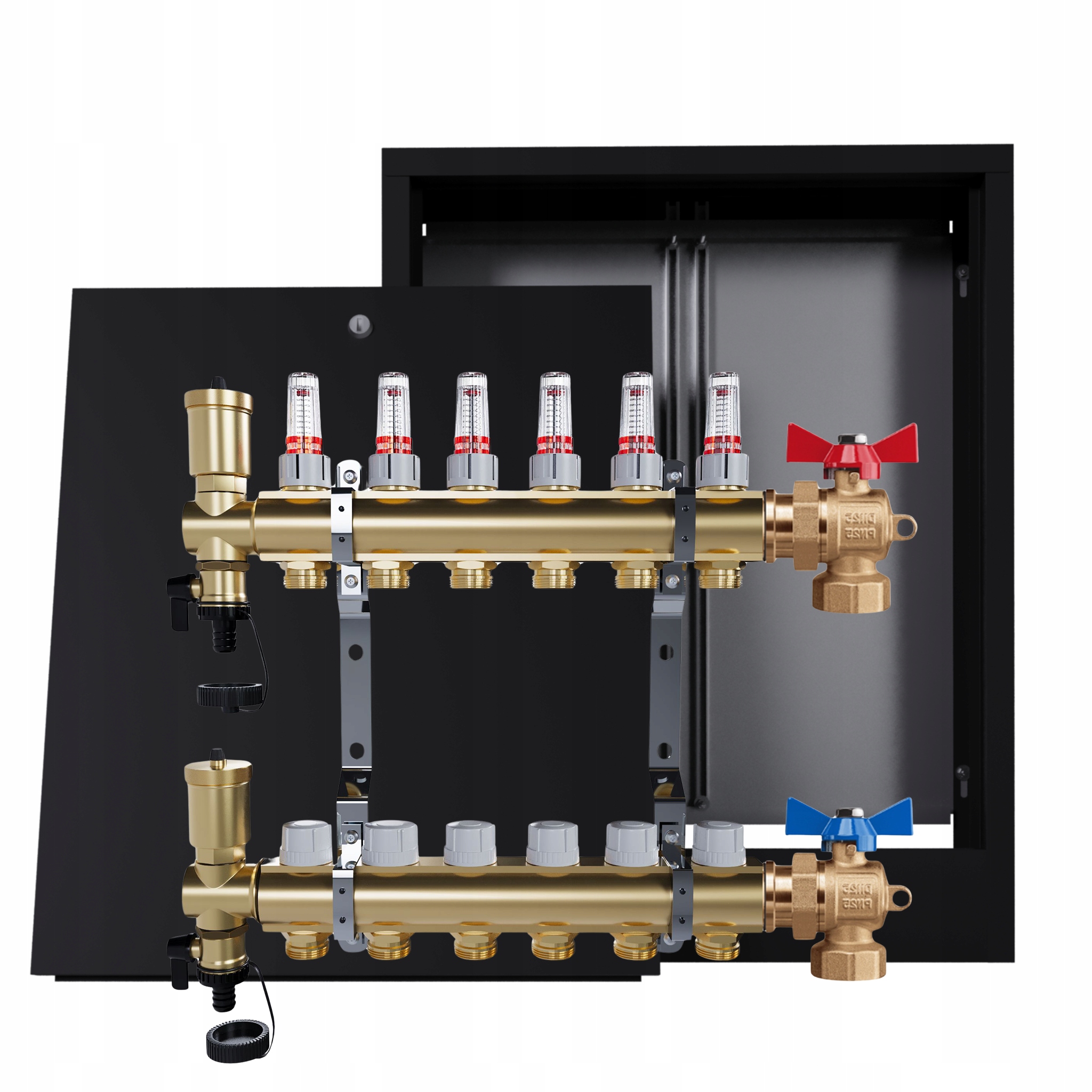 Rozdělovač mosazný podlahový 6 okruhů nástěnná skříňka černá ventily