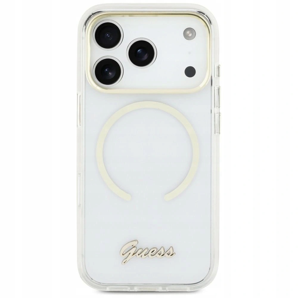 Pouzdro Guess IML Script Metal MagSafe pro Apple iPhone 17 průhledný