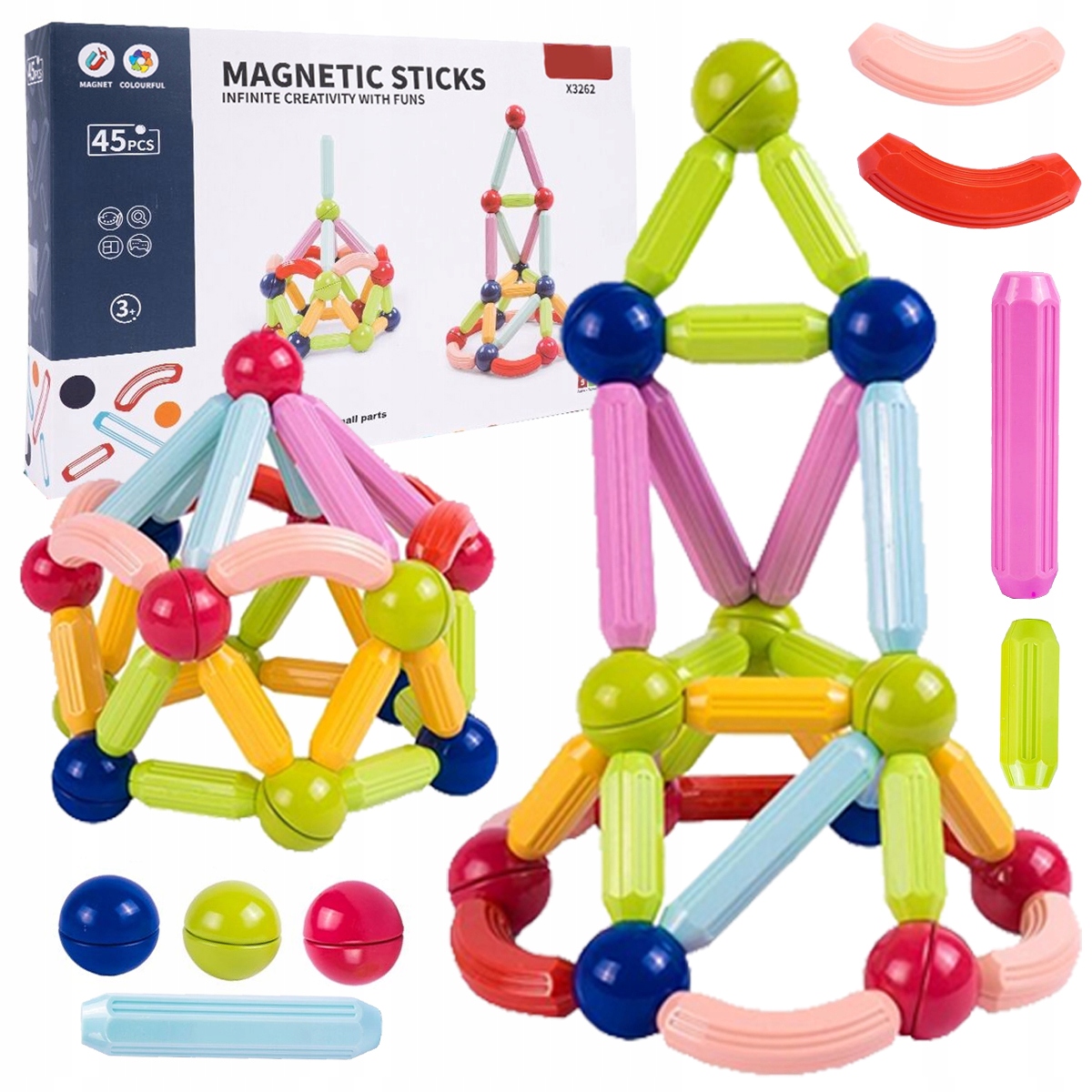KLOCKI MAGNETYCZNE MAGNETIC STICKS Edukacja Zestaw Konstrukcyjne 45 ELEM.
