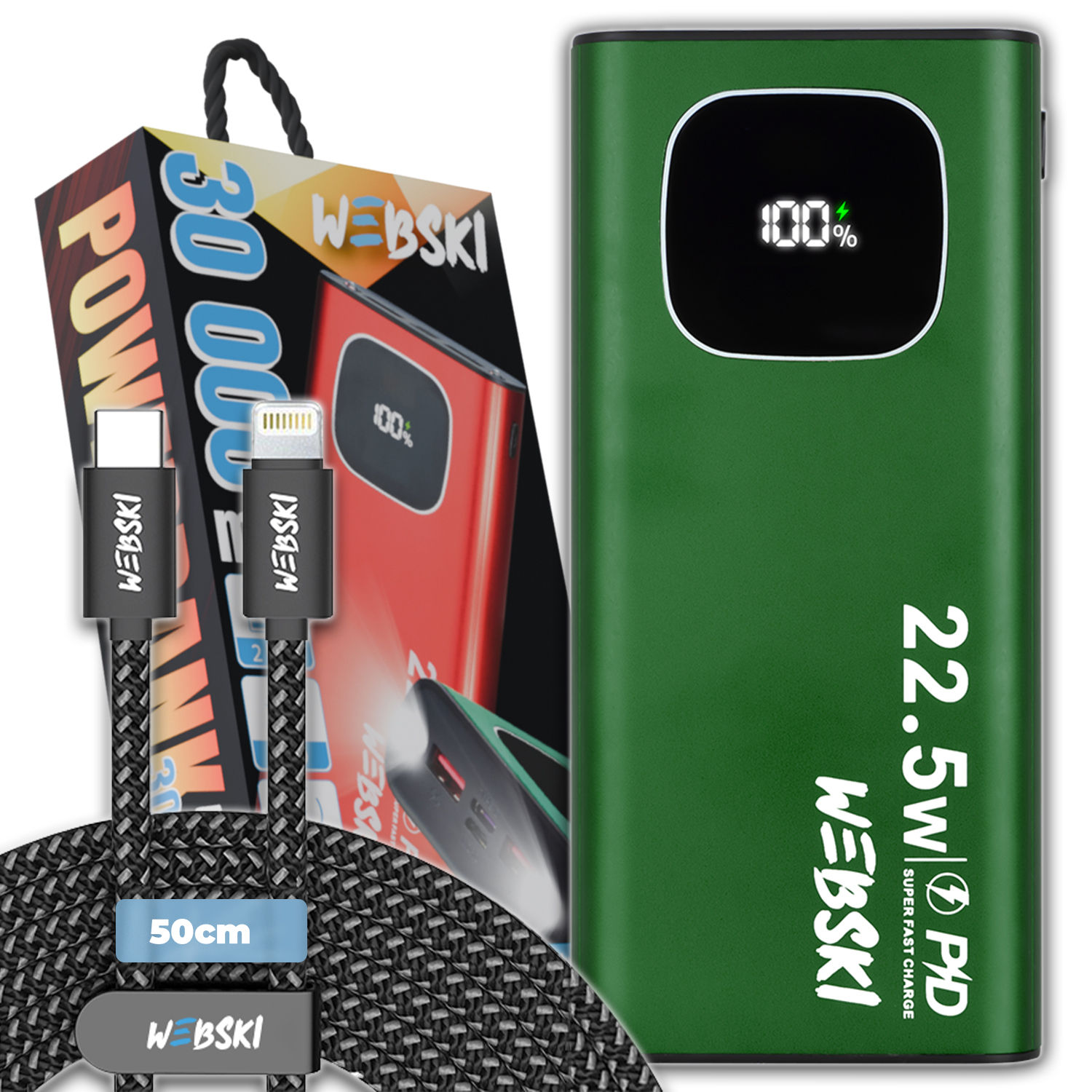 Powerbank 30 000 mAh 2X Usb Usb-c Rychlé Nabíjení Pd Kabel Lightning 50 CM 0,5 M