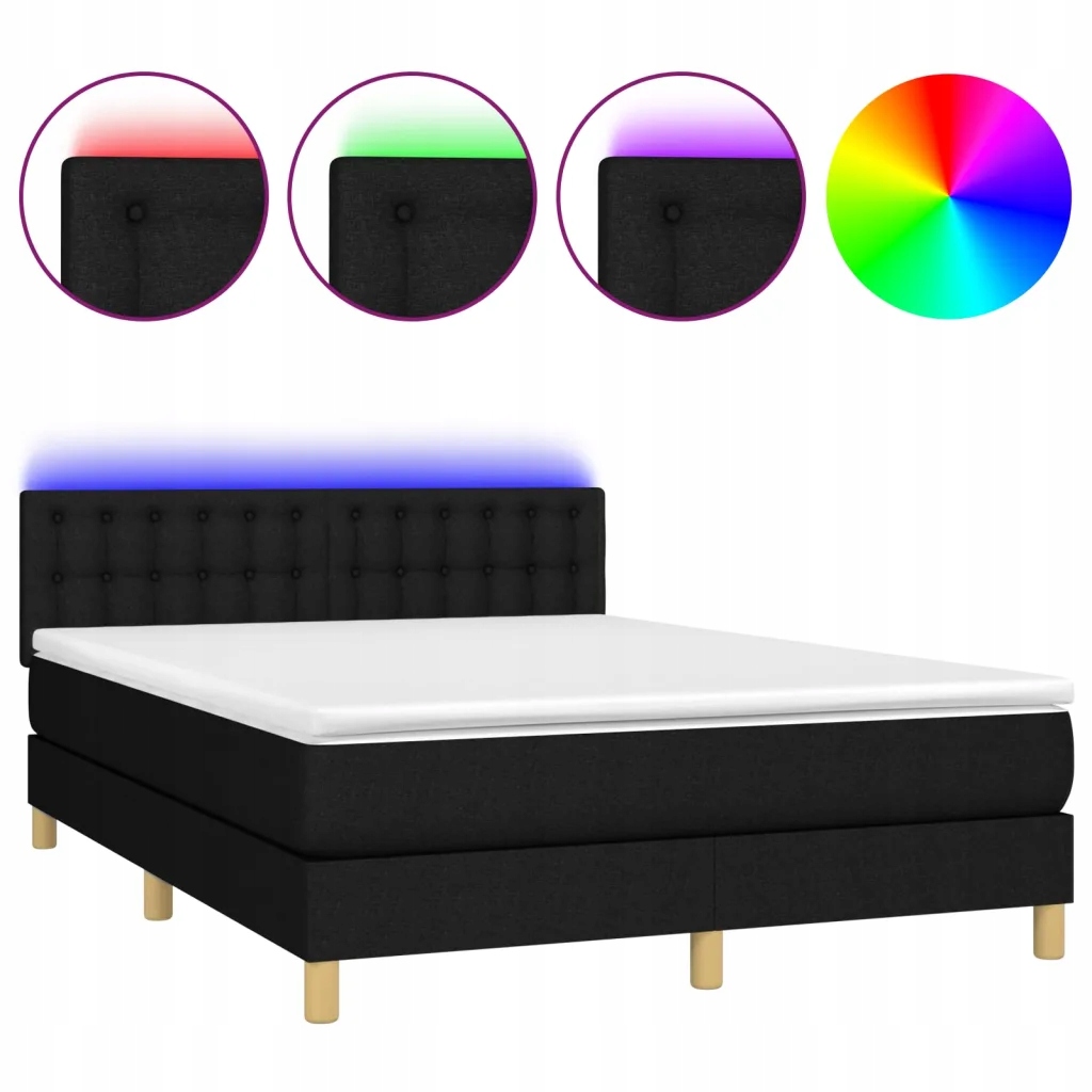 Černá kontinentální postel 203x144x78/88 cm s matrací a Led diodami