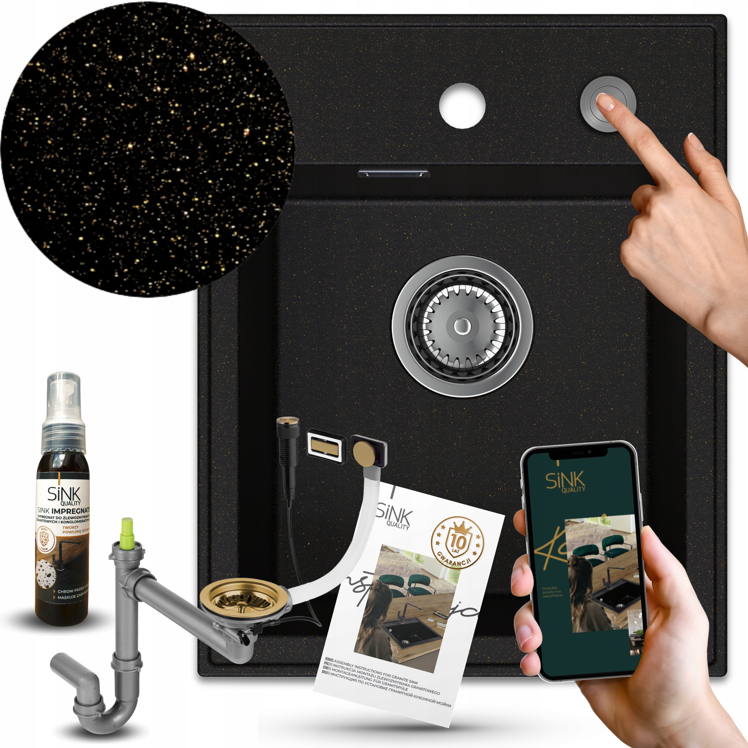 Granitový Jednokoromový Drez, Zlatý Sifón, Tlačidlo Impregnácia Zdarma