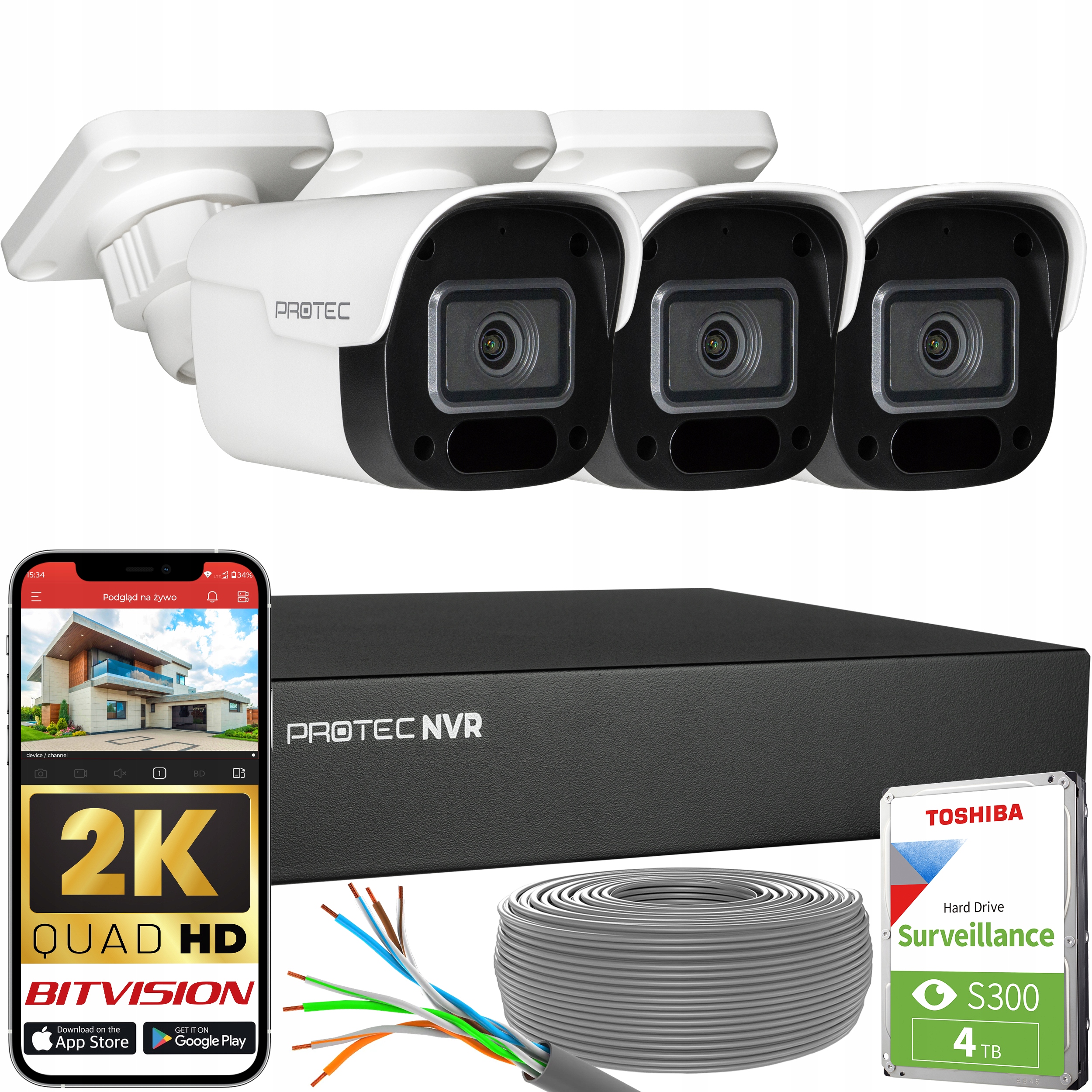 Zestaw Monitoringu 3 Kamery Ip PoE 4Mpx z Mikrofonem Podgląd z Hdd