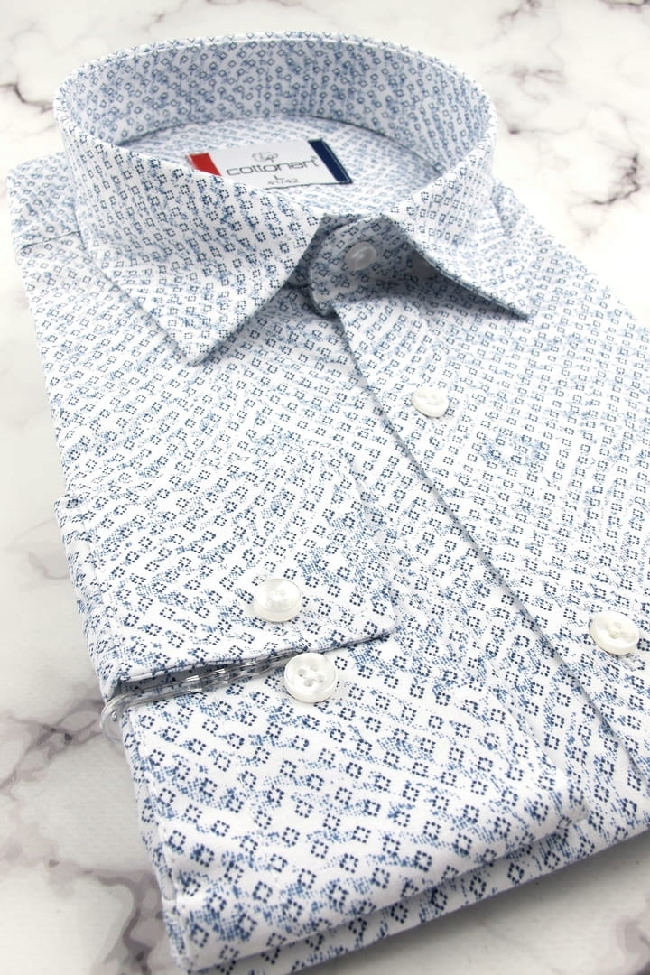 Koszula Męska Elegancka Wizytowa do garnituru biała we wzory SLIM FIT E519 Rozmiar L