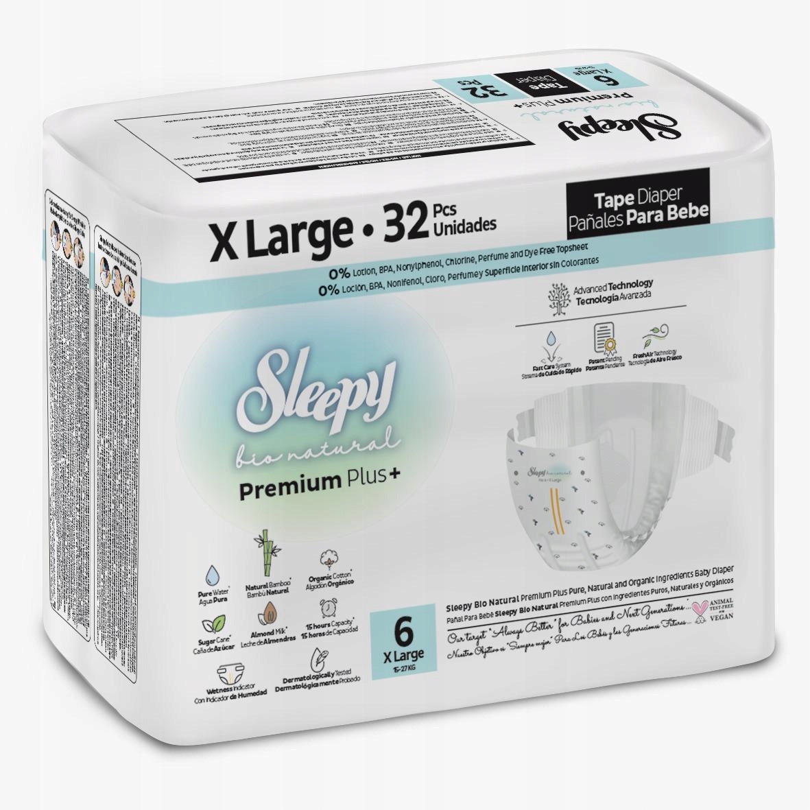 Sleepy Natural Premium Plus+ Rozmiar 6 X Large 32 szt pieluchy na rzepy