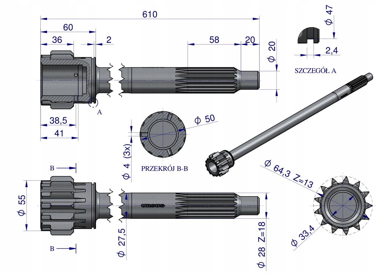 Wałek sprzęgłowy I stopnia C-360-3P ORYGINAŁ URSUS Numer katalogowy części 50819010U