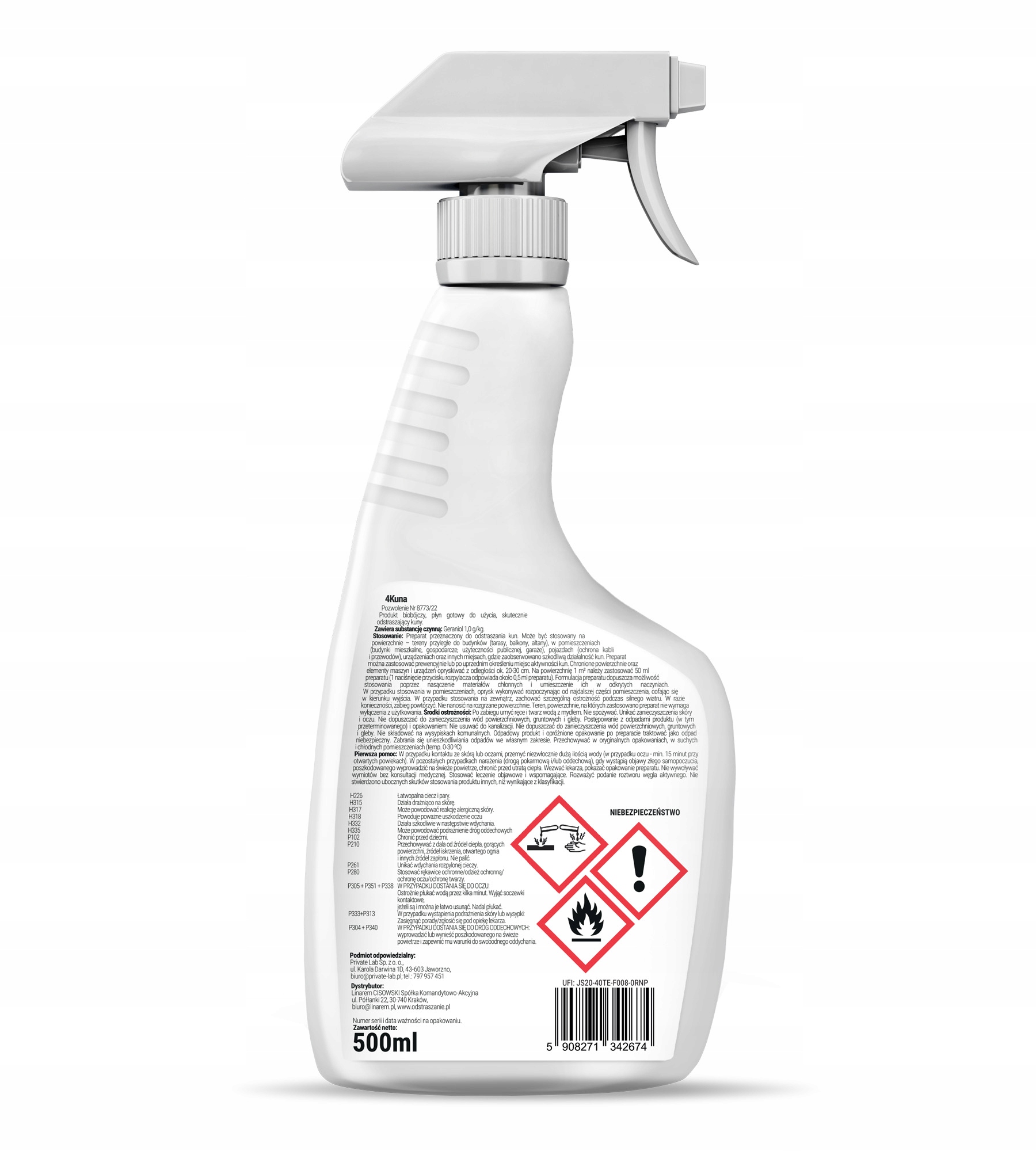 SPRAY NA KUNY GRYZONIE ODSTRASZACZ KUN ŁASIC TCHÓRZY MYSZY NO PEST 500ML Zastosowanie przeciwko kunom