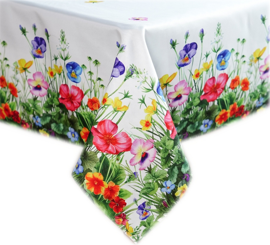 Obrus Biały W Kwiaty Wiosenny 130x180 Bratki Maki Polne Kwiaty Kolorowy
