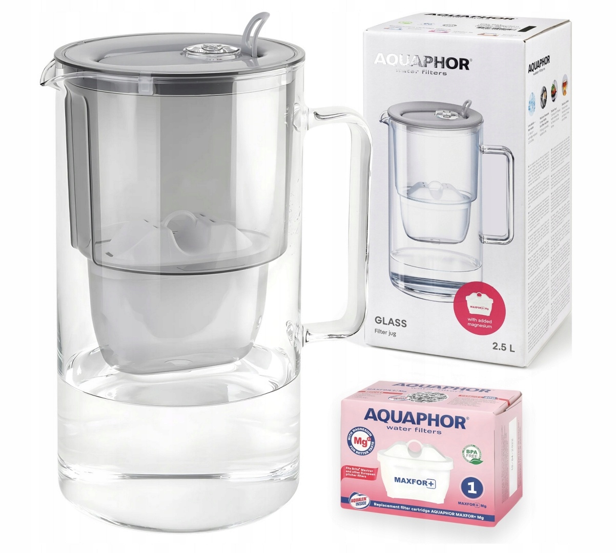 Dzbanek filtrujący szklany Aquaphor Glass 2,5l z wkładem Maxfor+ Mg, Szary