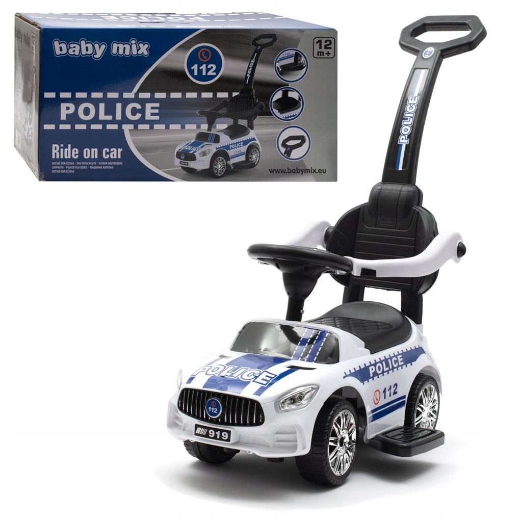 Jeździk Baby Mix Police pojazd z dźwiękiem i pchaczem biały Policja.