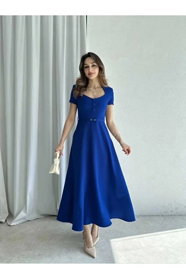 Elegantní Tmavě Modrá Šaty S Knoflíky A Páskem M 5IA