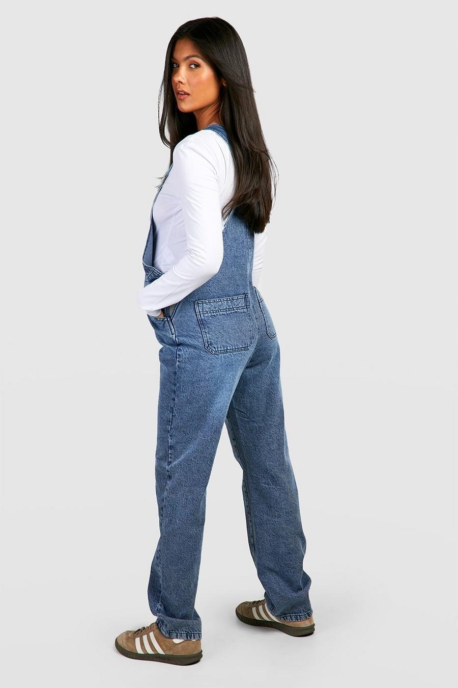 GRANATOWE PROSTE DŁUGIE JEANSOWE SPODNIE OGRODNICZKI CIĄŻOWE BOOHOO 40 Kolor niebieski