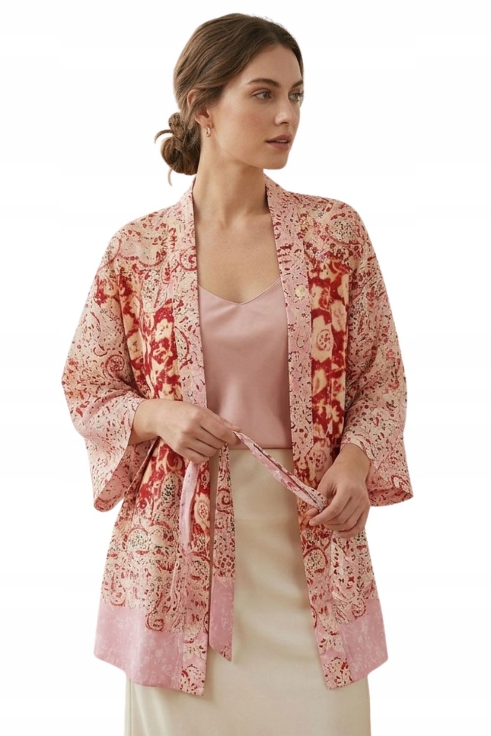 Dámská přehozová deka Zara kimono s krátkým etnickým vzorem, vázaná, růžová vel. M