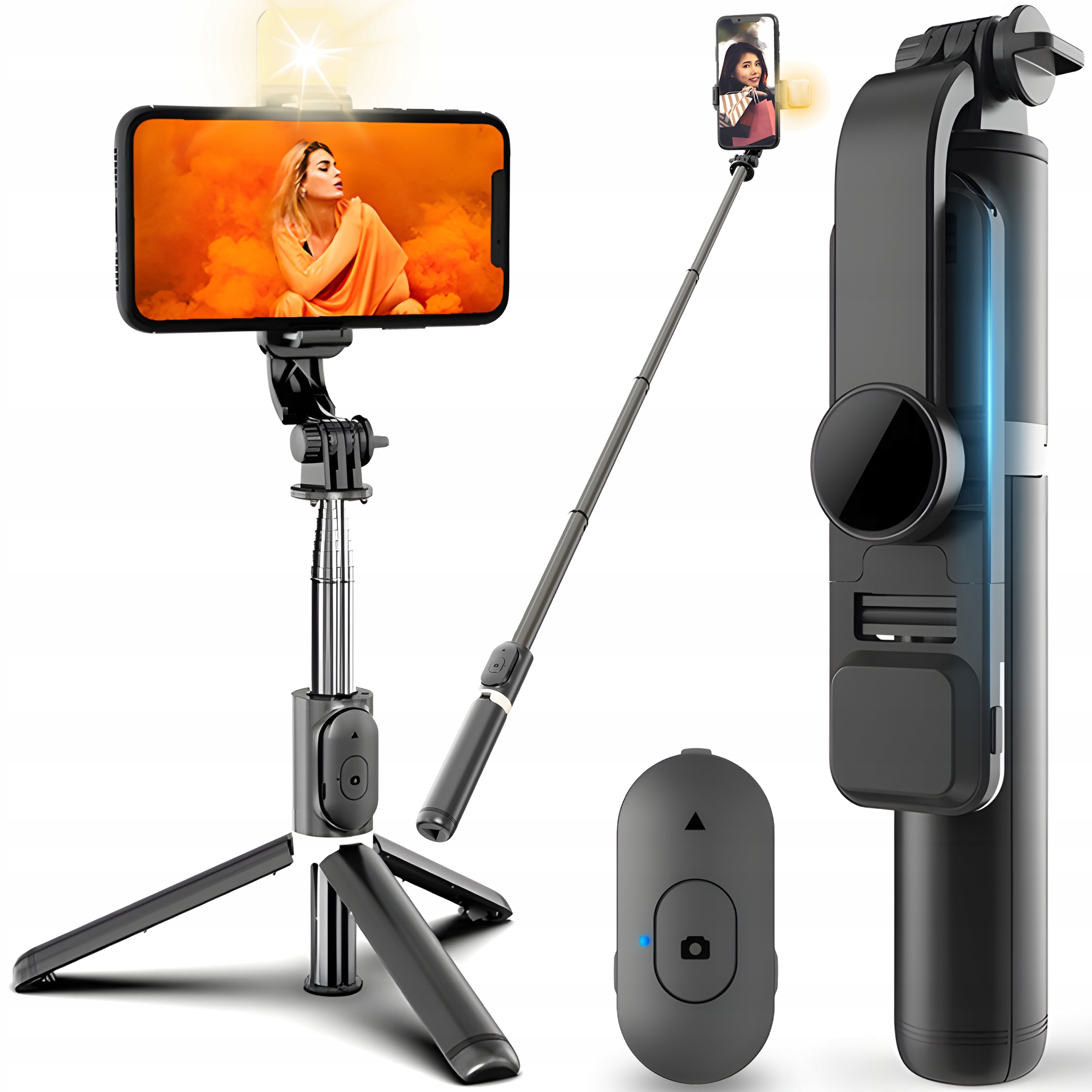 SELFIE STICK STATYW KIJEK DO TELEFONU 100 CM + PILOT LAMPA LED BT TRIPOD