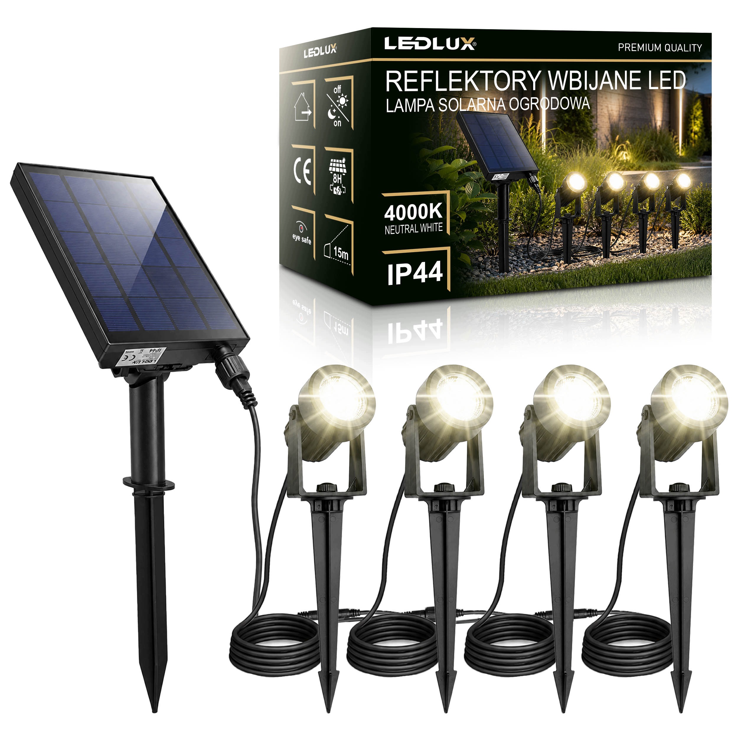 Solární Zahradní Lampa Led 4x reflektorový senzor soumraku pro zahradu