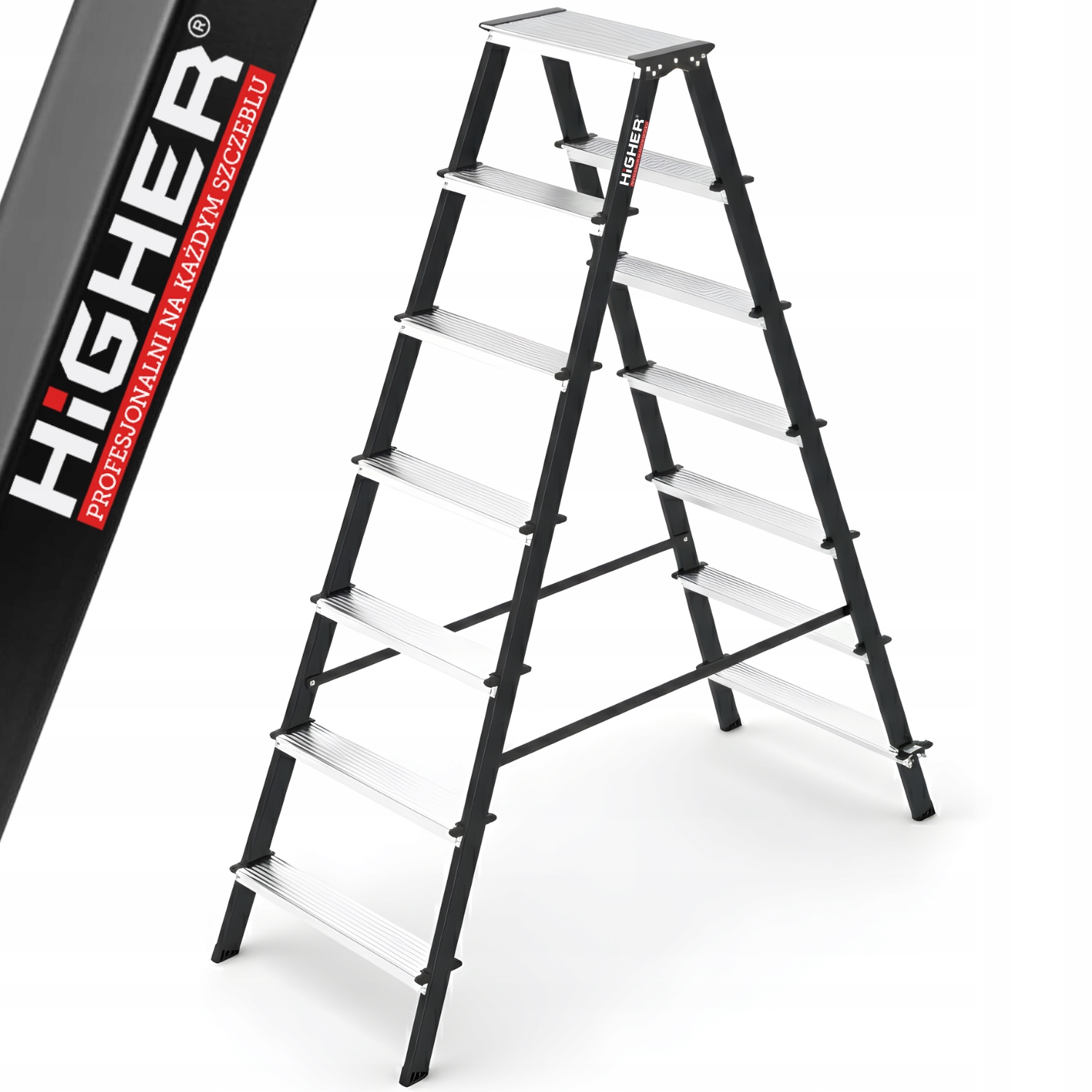 Žebřík domácí žebřík 2x7 oboustranný skládací Silný 150 kg Higher schůdky