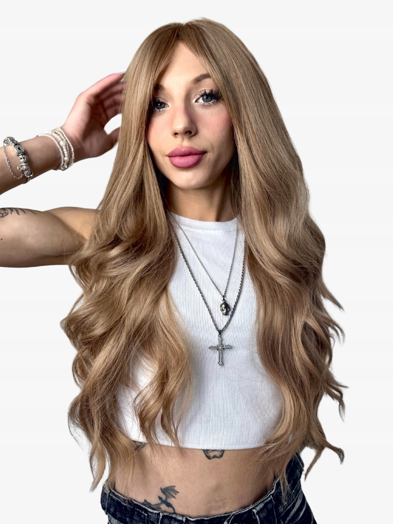 Dlouhá umělá paruka tmavé blond vlny ofina SWLC8311-1BL26 Dárek