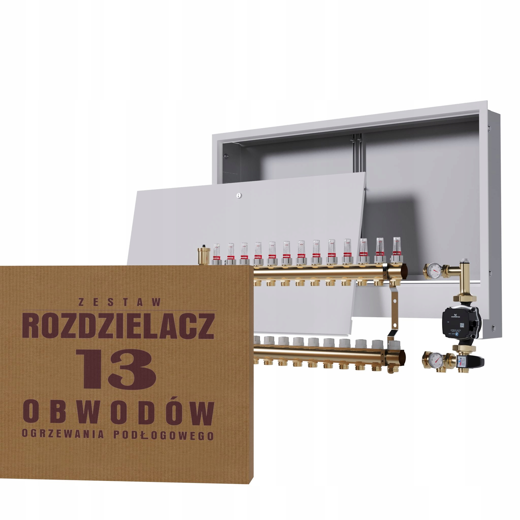 Rozdělovač pro podlahu 13 okruhů se skupinou Grundfos podomítková skříňka