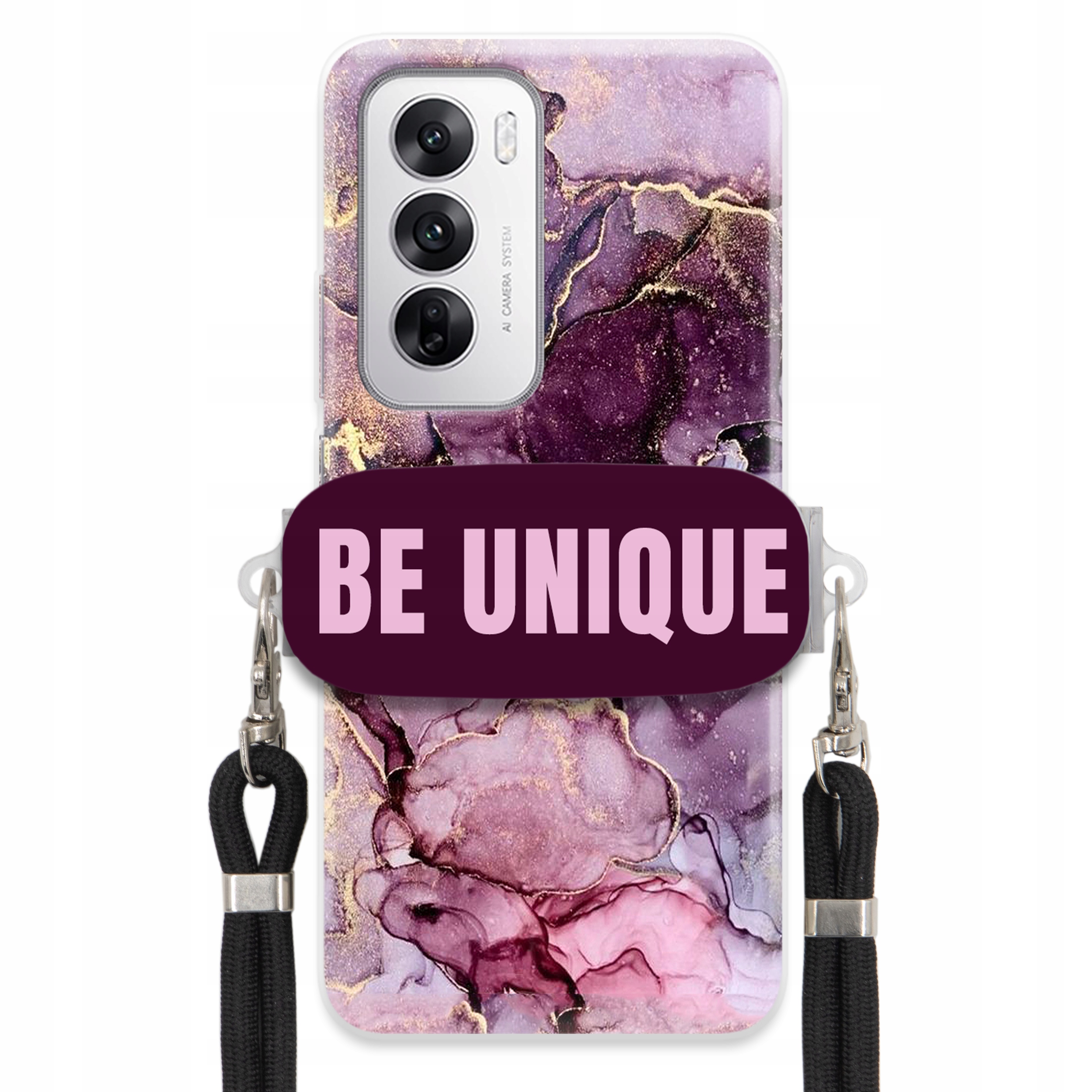 Pouzdro pro Oppo Reno 12 5G úchytka na šňůrku Černá Fialová Mramor Be Unique