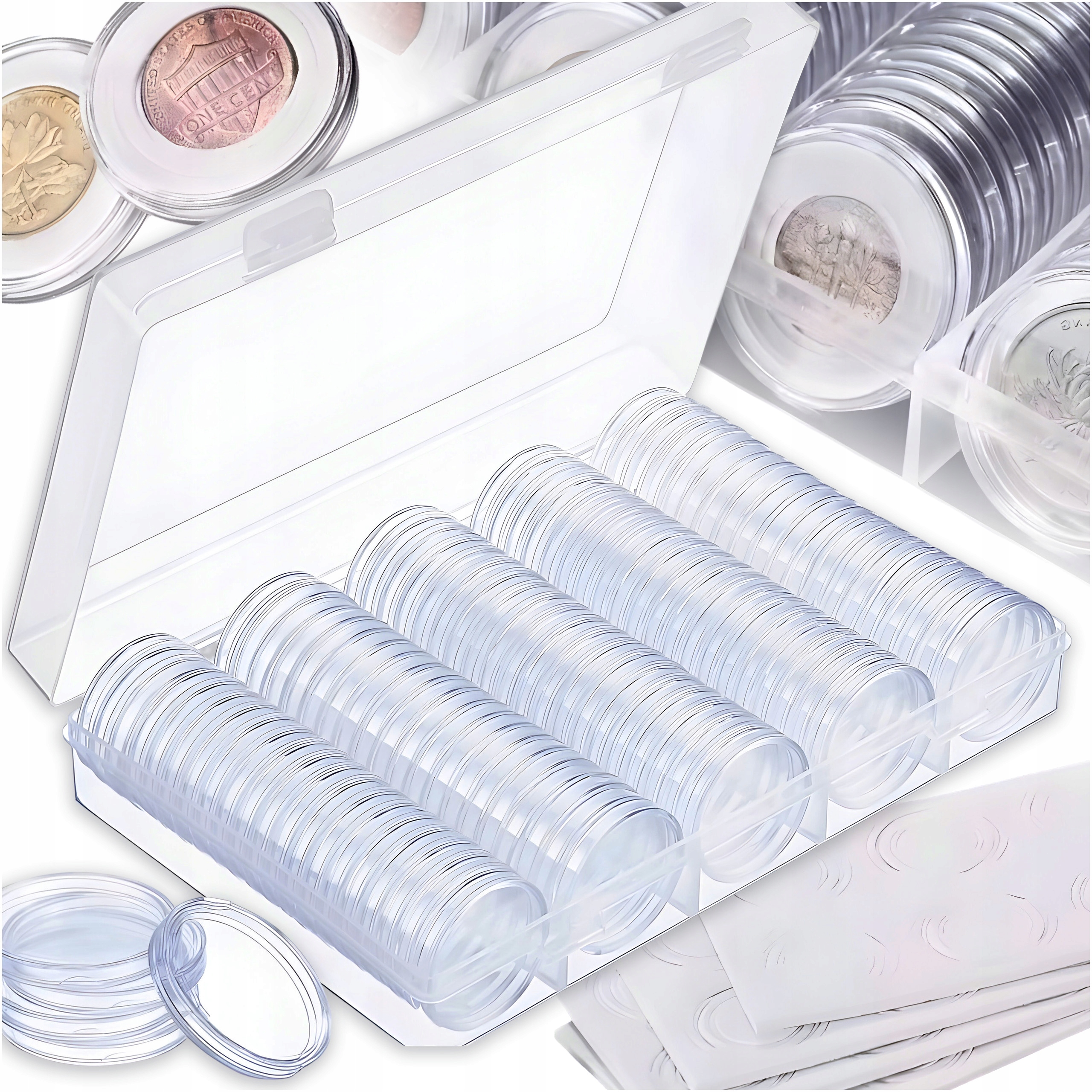 PUDEŁKO NA MONETY KAPSLE DO MONET 100szt KAPSUŁY RINGI 20-30mm EKSPOZYTOR