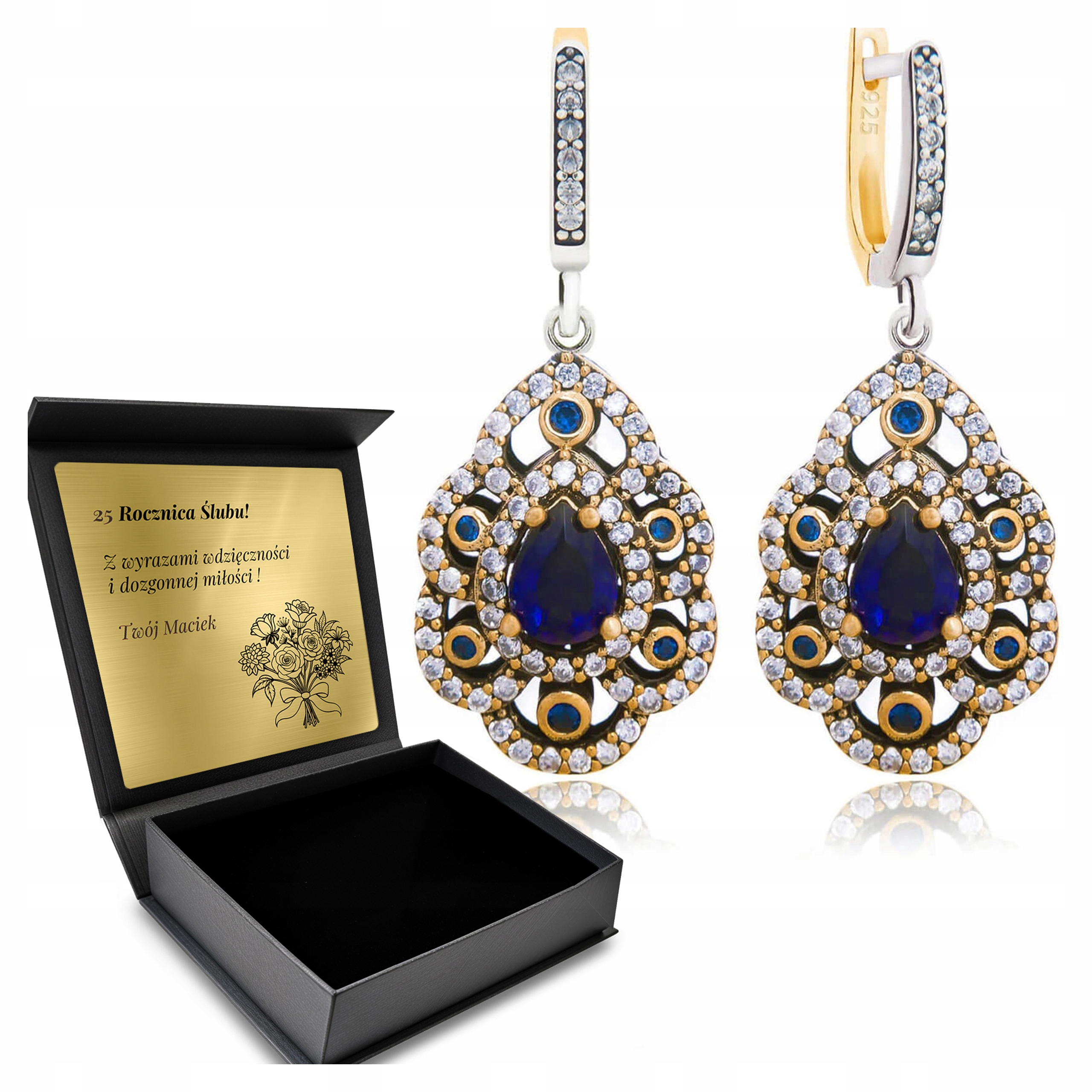 Stříbrné Náušnice Turecké Šperky Se Safírem A Zirkony Orientální Gravírování