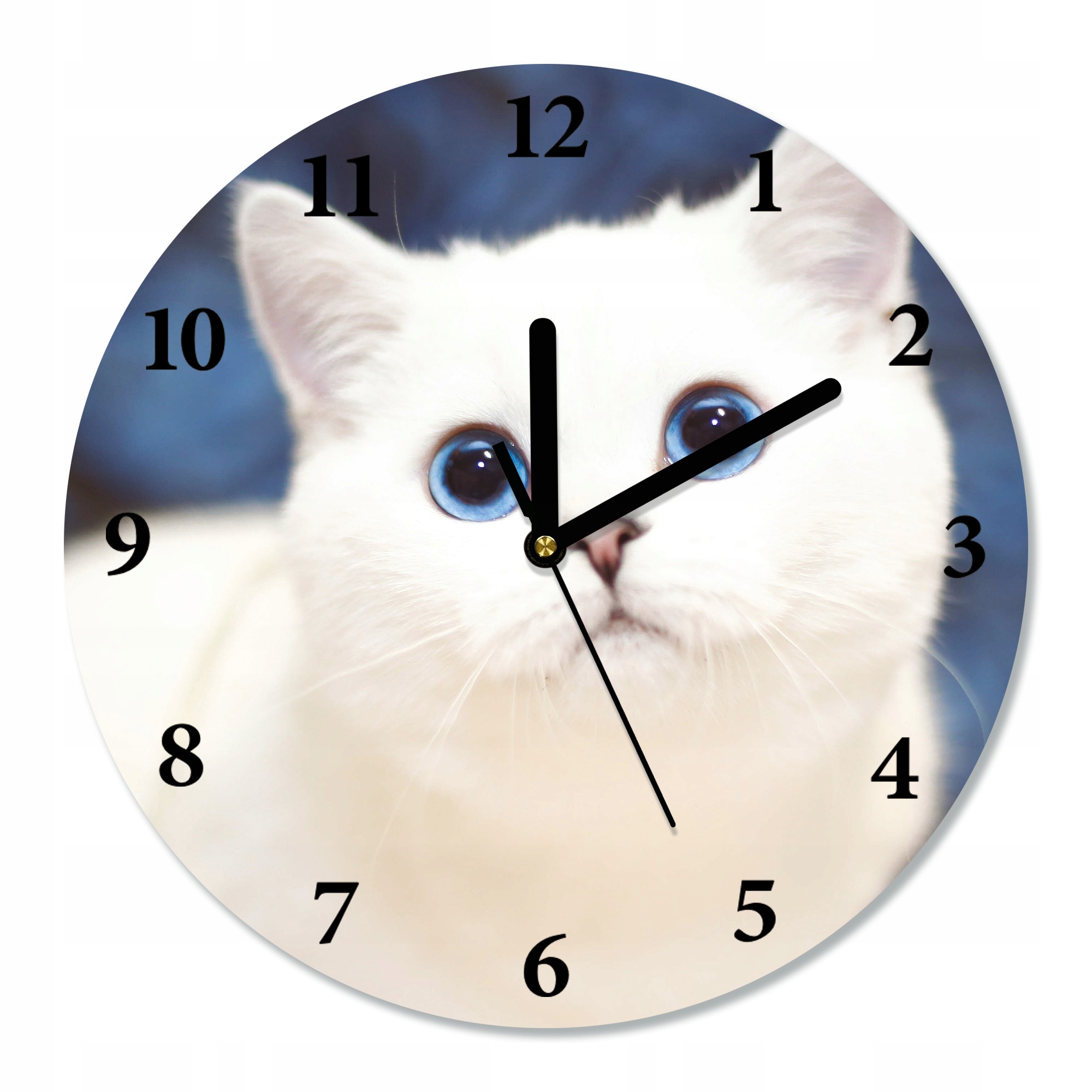 Zegar ścienny, cichy BIAŁY KOT NIEBIESKIE OCZY śr.