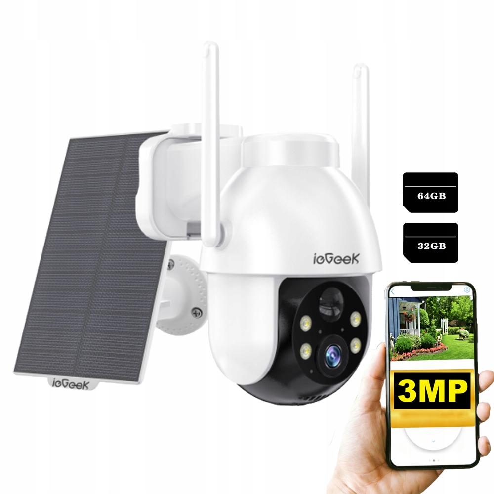 3MP venkovní otočná bezdrátová solární kamera 360° s pamětí na karty