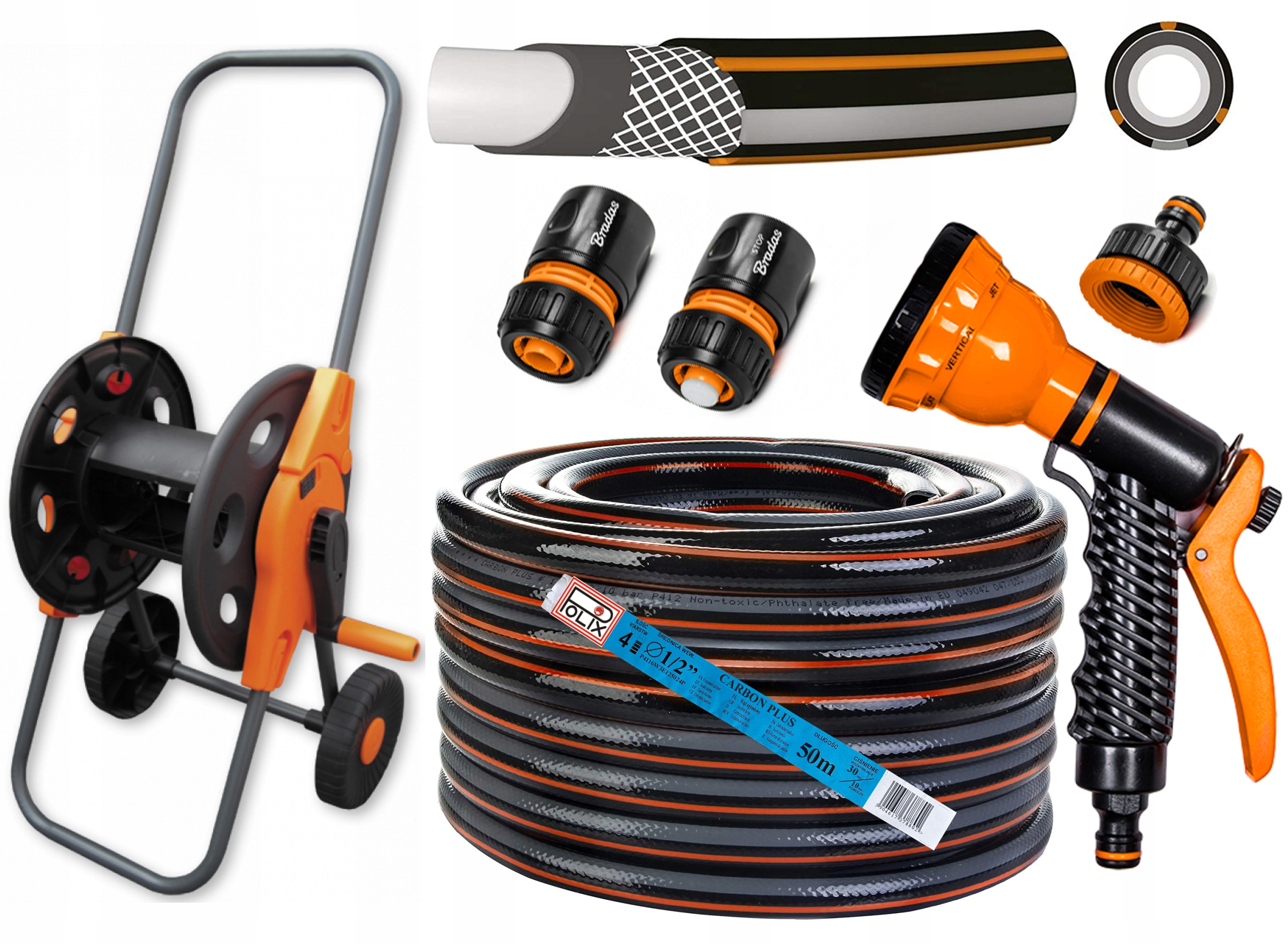 

Wąż Ogrodowy 1/2" 50m 4warst +wózek +zestaw Bradas