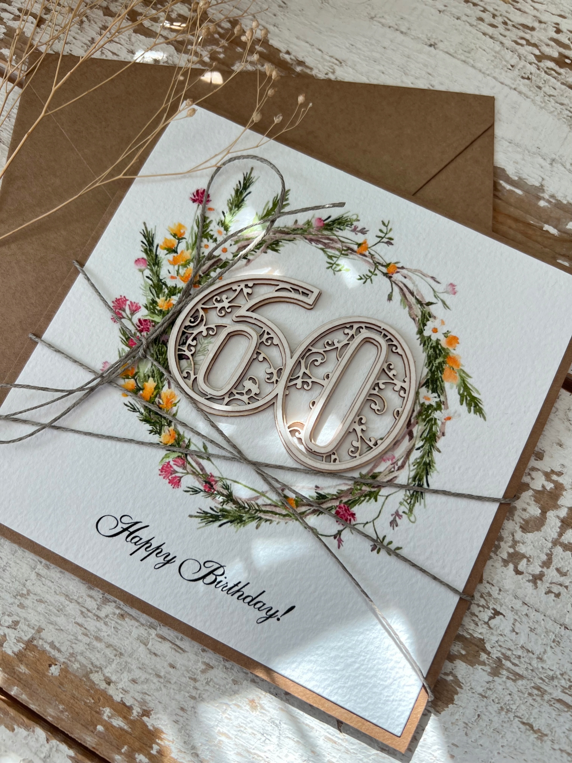 Ručně vyráběné narozeninové přání 60. narozeniny Happy Birthday card