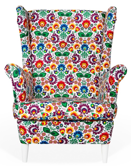 Fotel Uszak motyw FOLK drobne kwiatuszki KOLOROWE Marka Family Meble