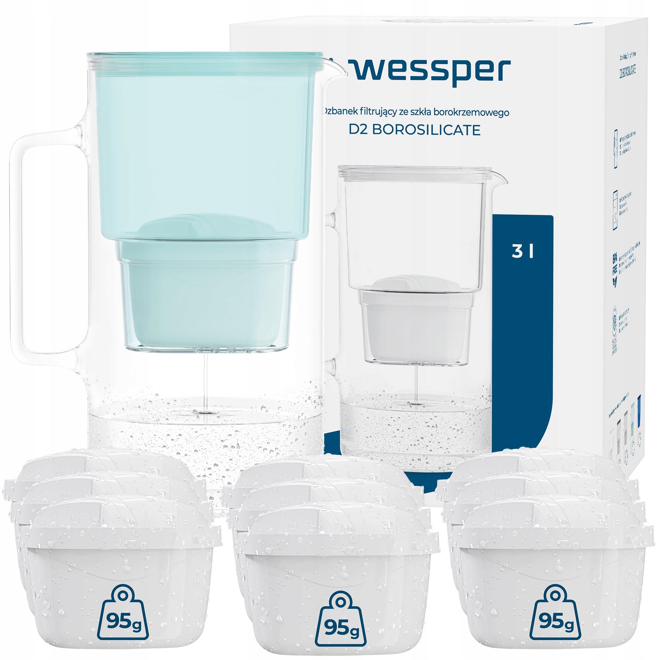 Dzbanek filtrujący szklany Wessper D2 Borosilicate 3l 10 filtr Aquamax