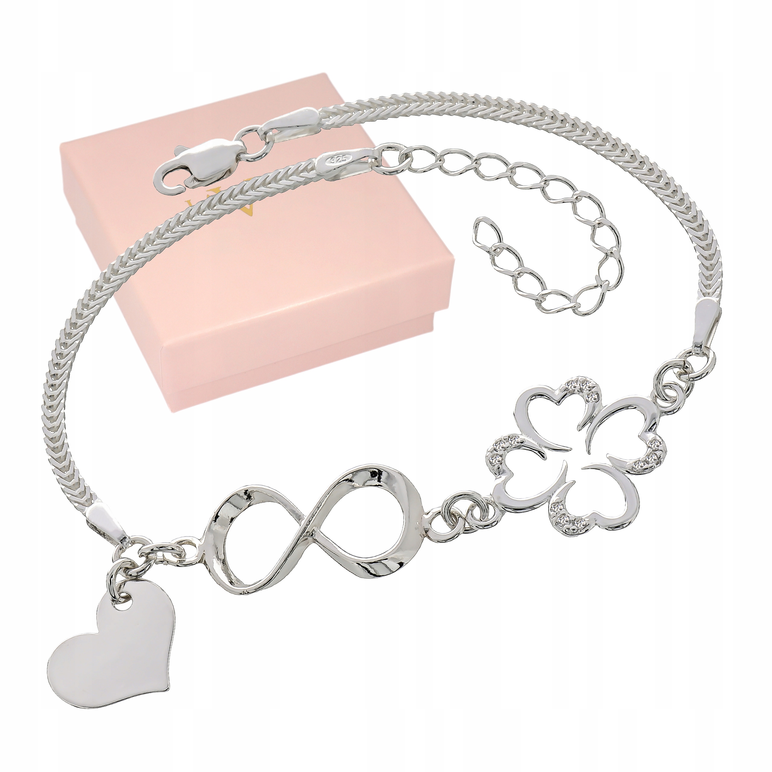 Bransoletka srebrna na rekę Koniczynka Nieskończoność z Grawerem