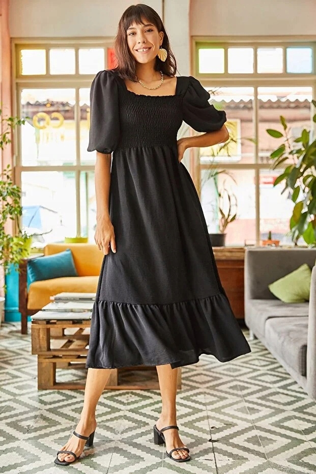 Černé Dámské Šaty S Bufetovými Rukávy A Volánem MIDI L 5GA