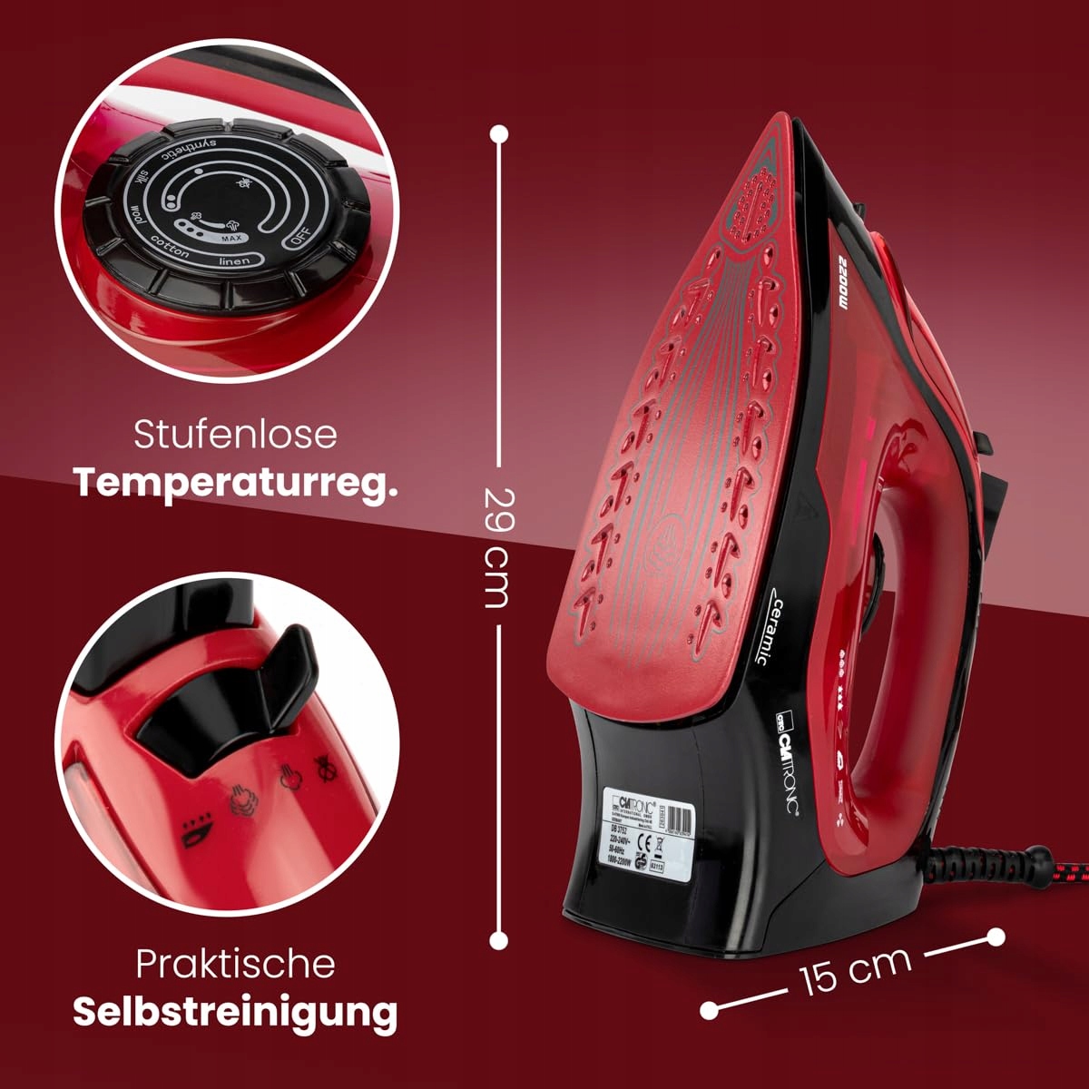 CLATRONIC Żelazko Parowe 2200W Ceramiczna Stopa 250ml Anti-Kalk — miniatura 7