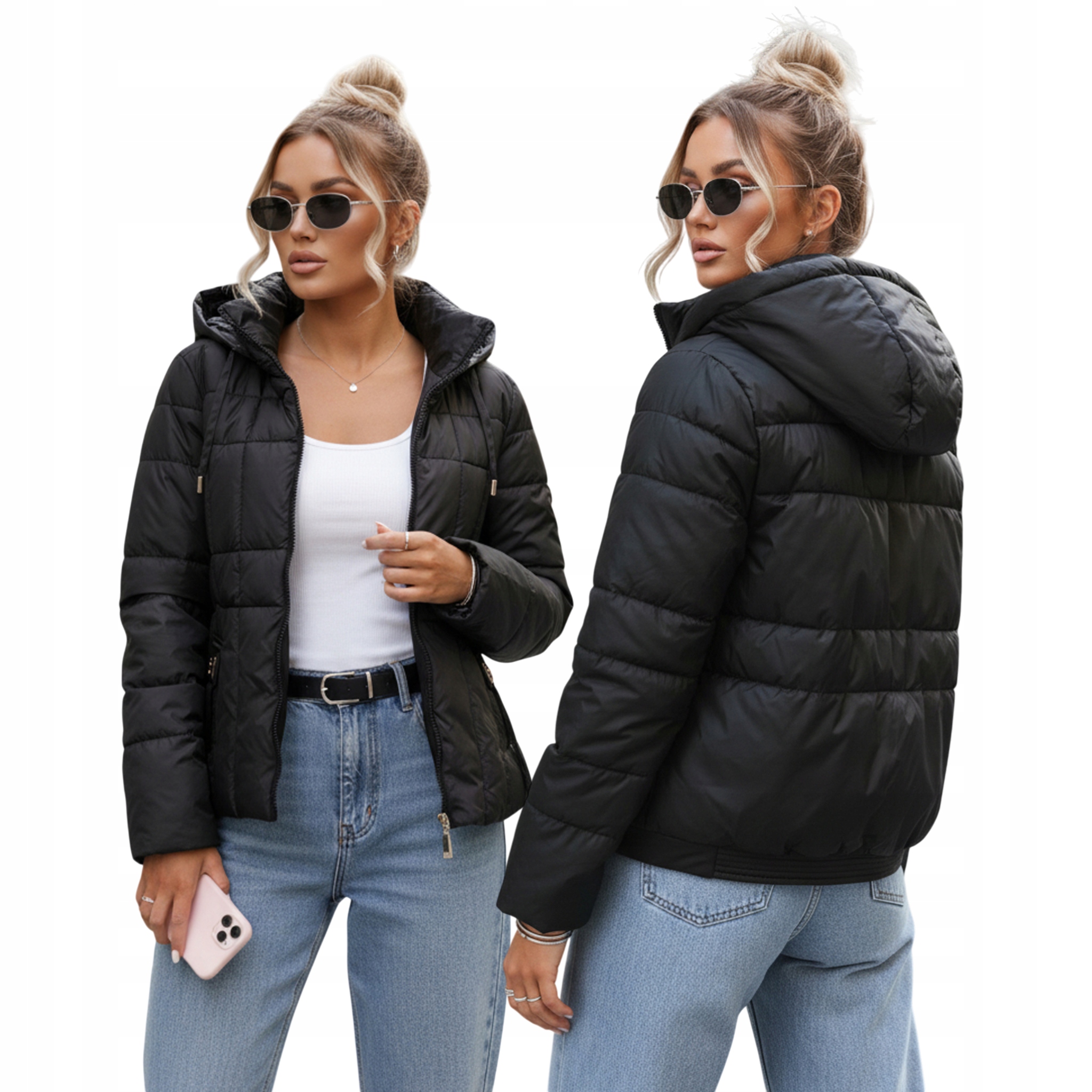 Kurtka damska pikowana przejściowa z odpinanym kapturem czarna TY5591 L