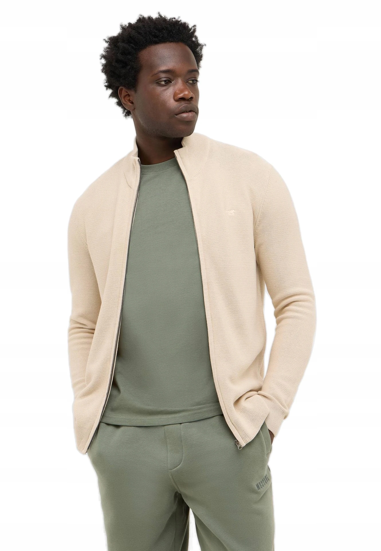 Pánský Béžový Bavlněný Rozepínací Svetr Bez Vzoru, Stojáček Mustang XL