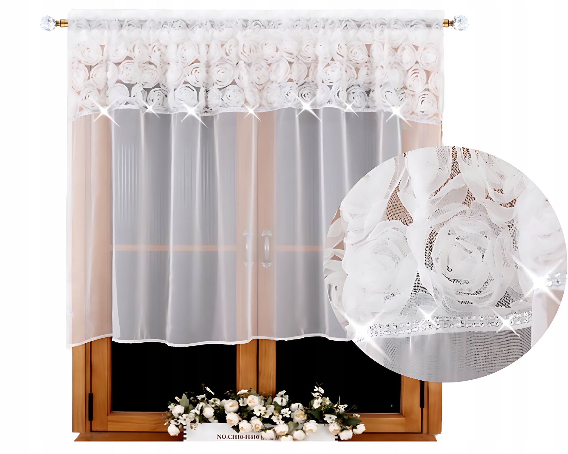 Firana Gotowa Woal Na Taśmie Firanki Z Różami 3D i Cyrkoniami 300x150 cm