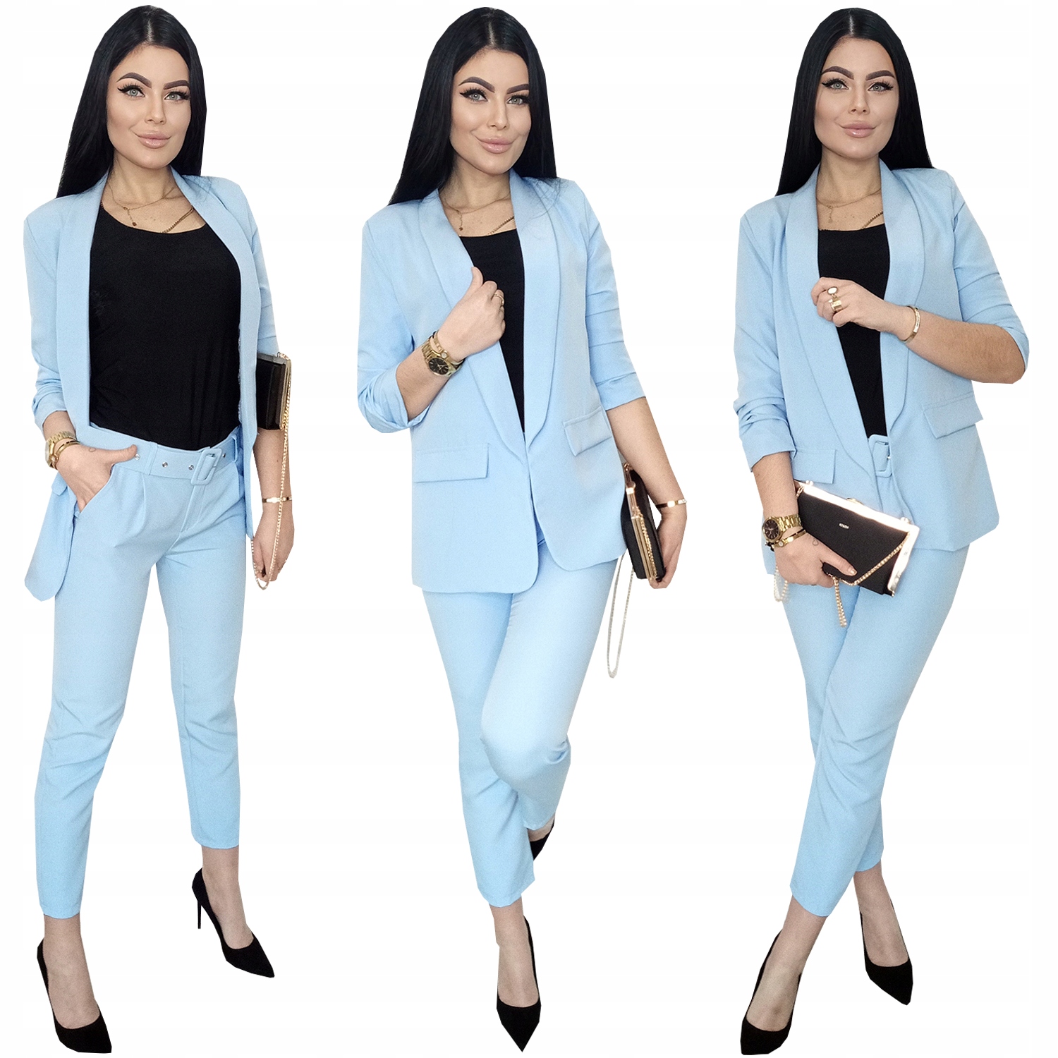 Garnitur Damski Komplet Marynarka Spodnie Kolor Baby Blue