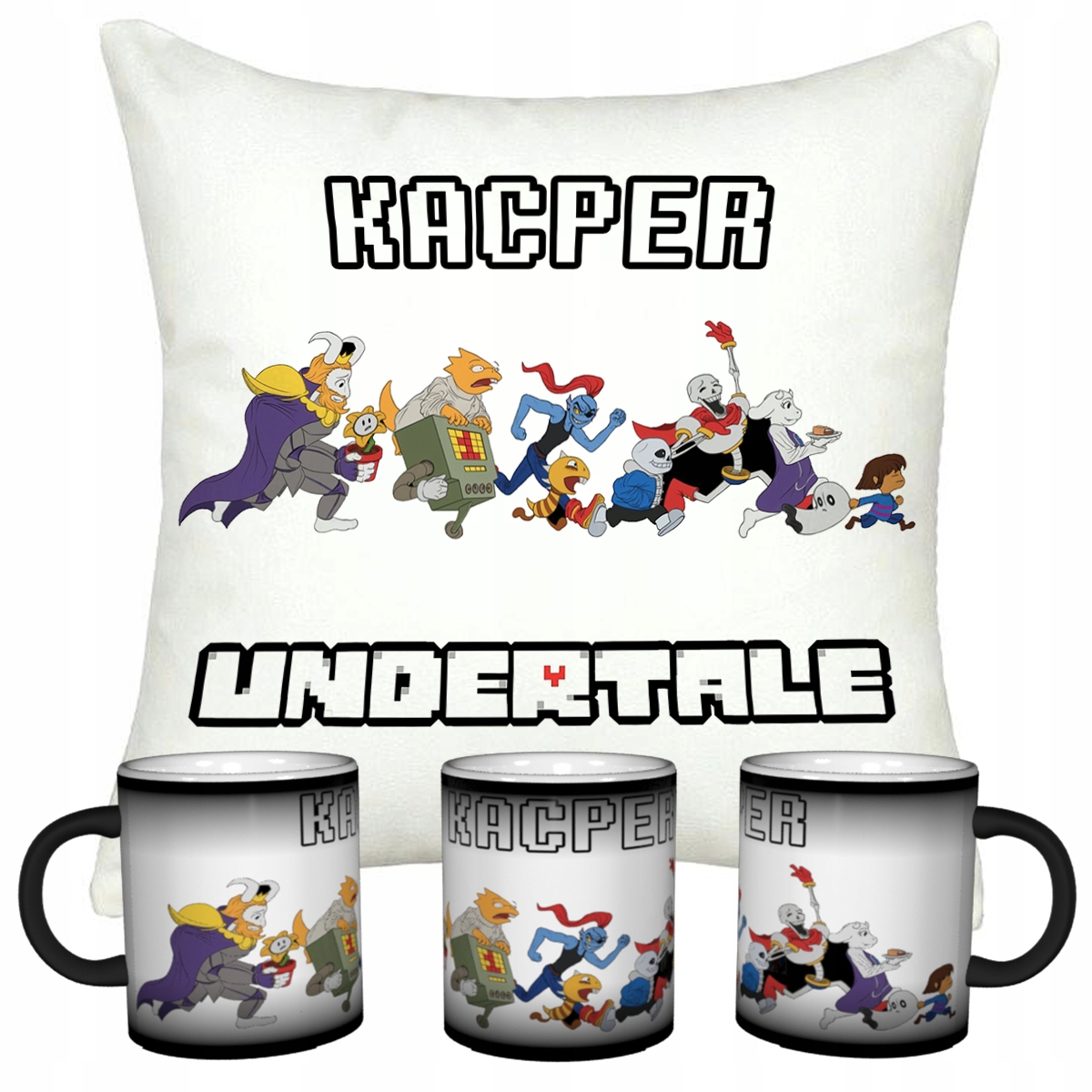 ZESTAW UNDERTALE MAGICZNY KUBEK + PODUSZKA + IMIE