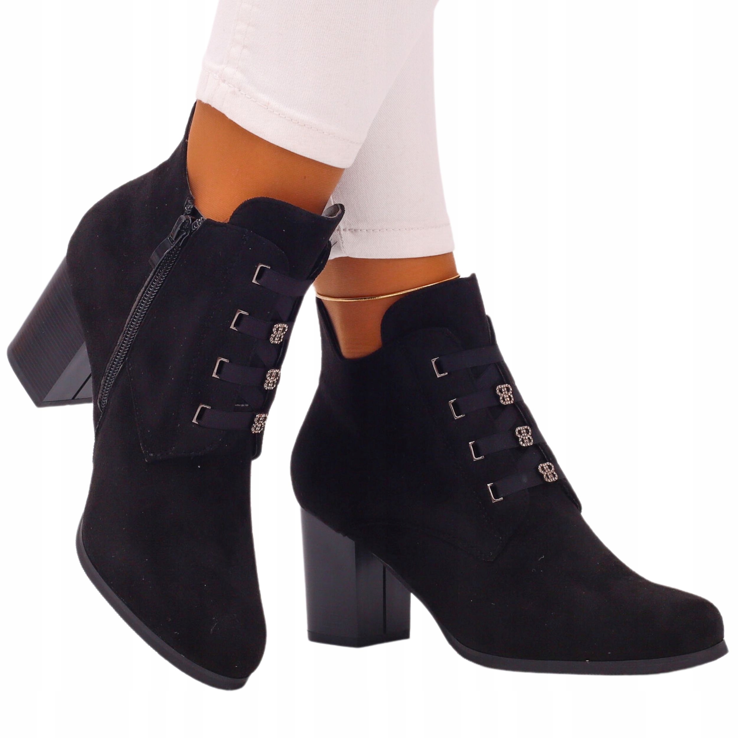 BOTKI DAMSKIE ZIMOWE CZARNE NA SŁUPKU STYLOWE Marka inna