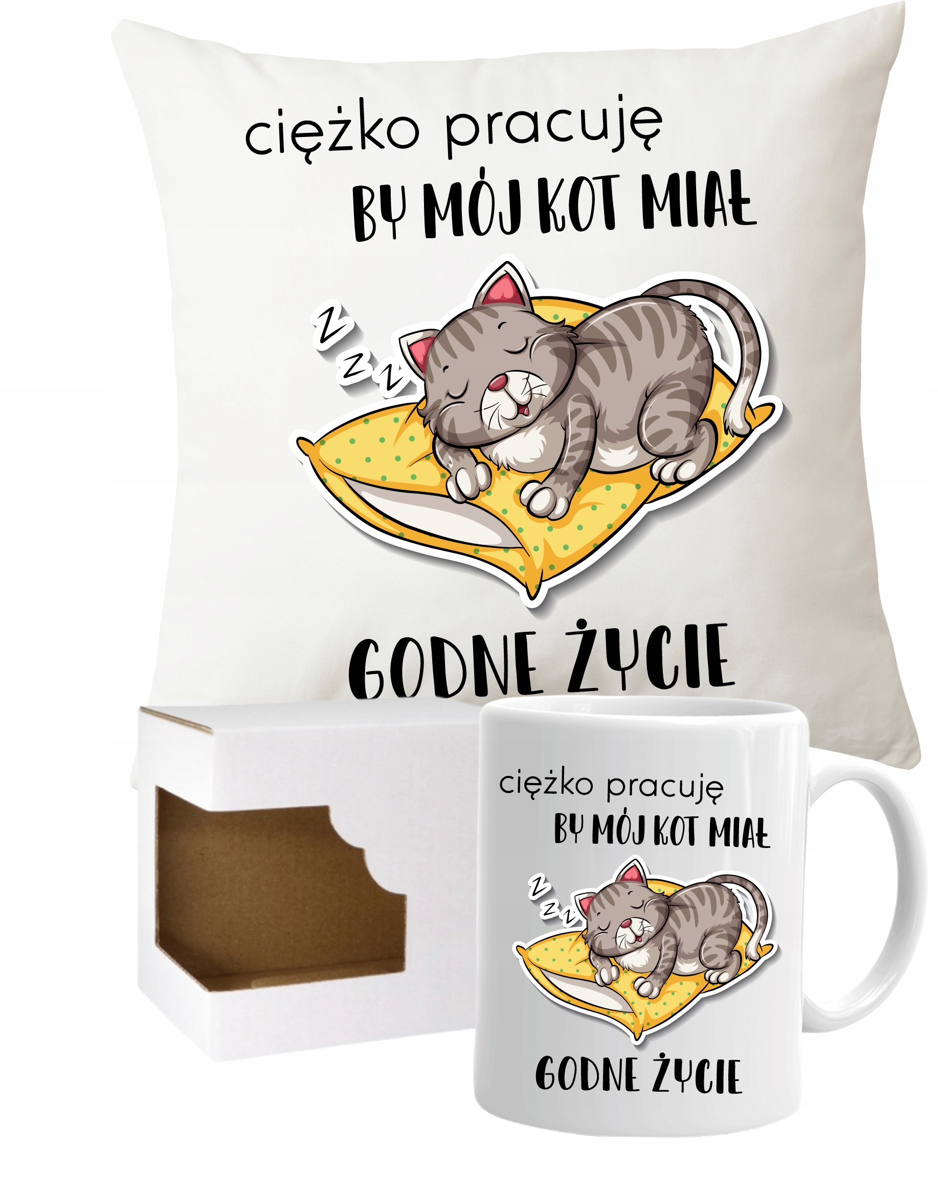 Zestaw Poduszka + Kubek z KOTEM zabawny tekst