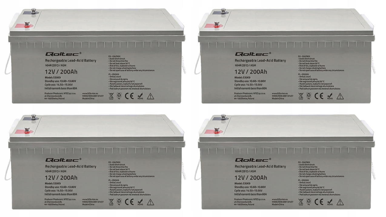 4X AKU. AGM QOLTEC 12V 200Ah ŁÓDŹ KAMPER DZIAŁKA SOLAR PRZETWORNICA UPS