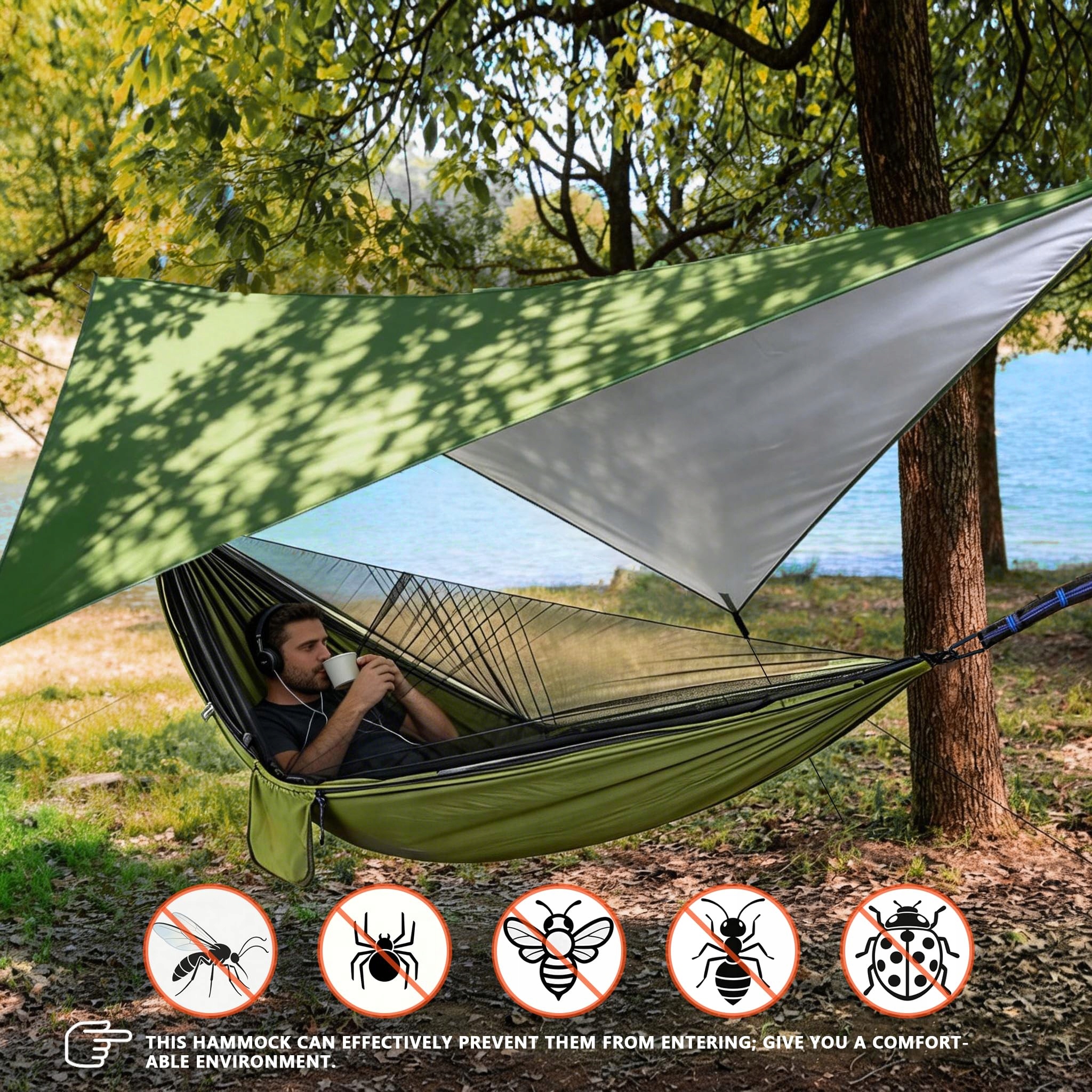 OUTDOOR Hamak z Moskitierą i Zadaszeniem Szybkoschnący Nylon na Kemping — miniatura 2