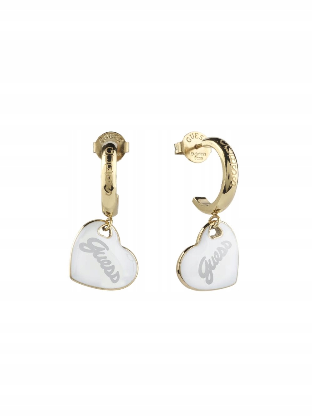 Guess Vintage zlaté náušnice závěsné srdce bílé JUBE05151JW-YGWH