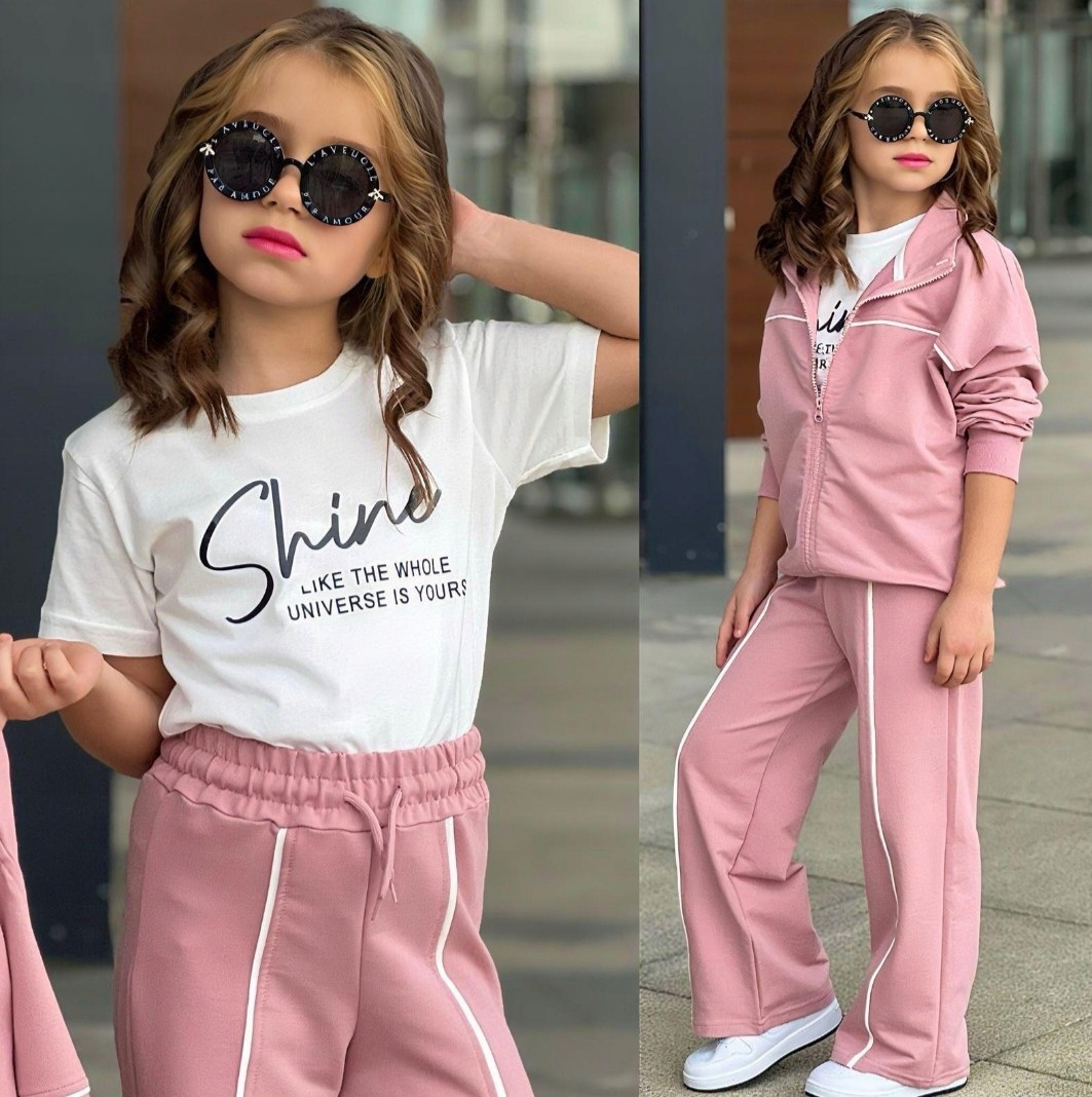 Dres dziewczęcy komplet 3 cz. bluza t-shirt spodnie różowy r. 158-164