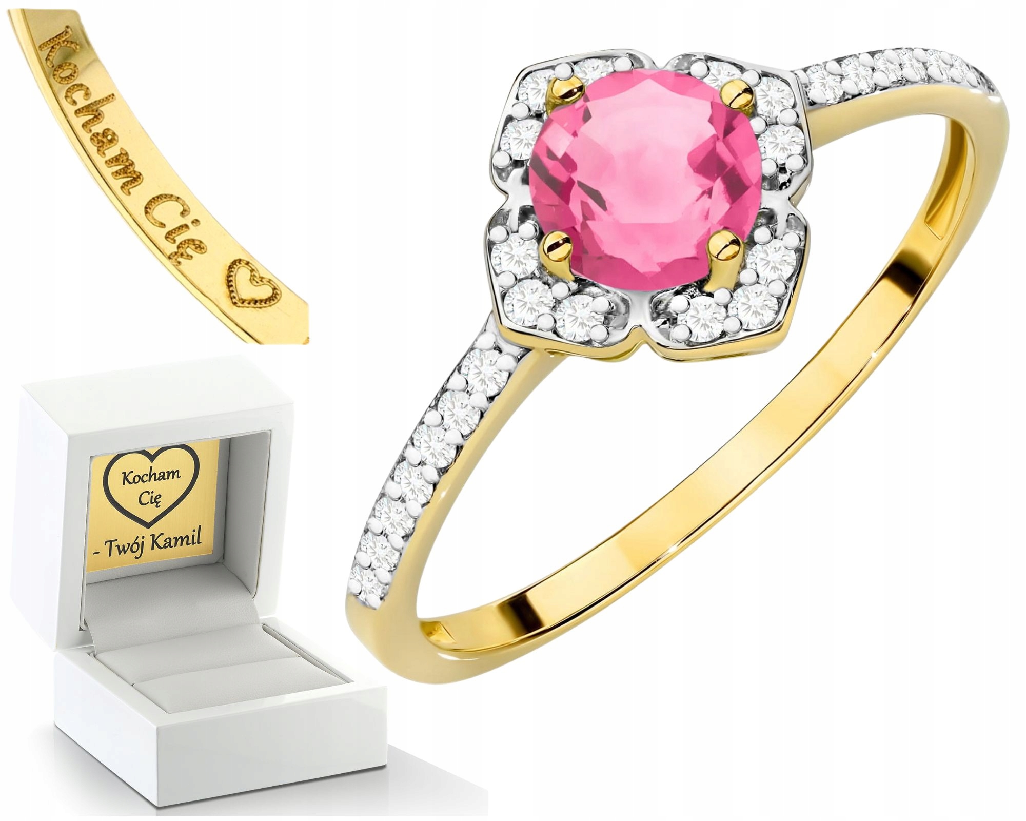Prstýnek Prsten S Růžovým Topazem A Diamanty, Gravírování Do Dárek 585
