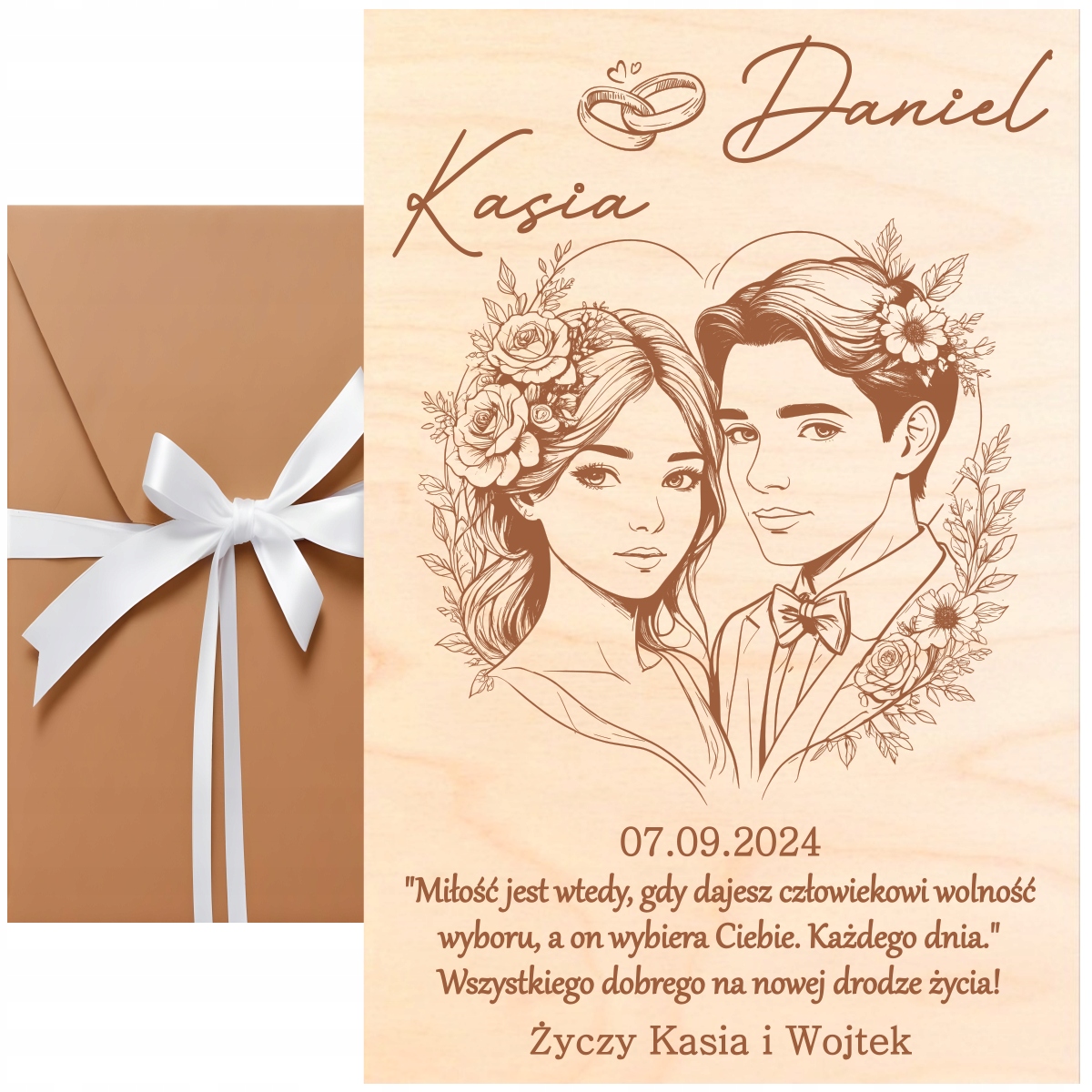 DREWNIANA KARTKA ŚLUBNA HANDMADE PERSONALIZOWANA PREZENT DLA PARY MŁODEJ