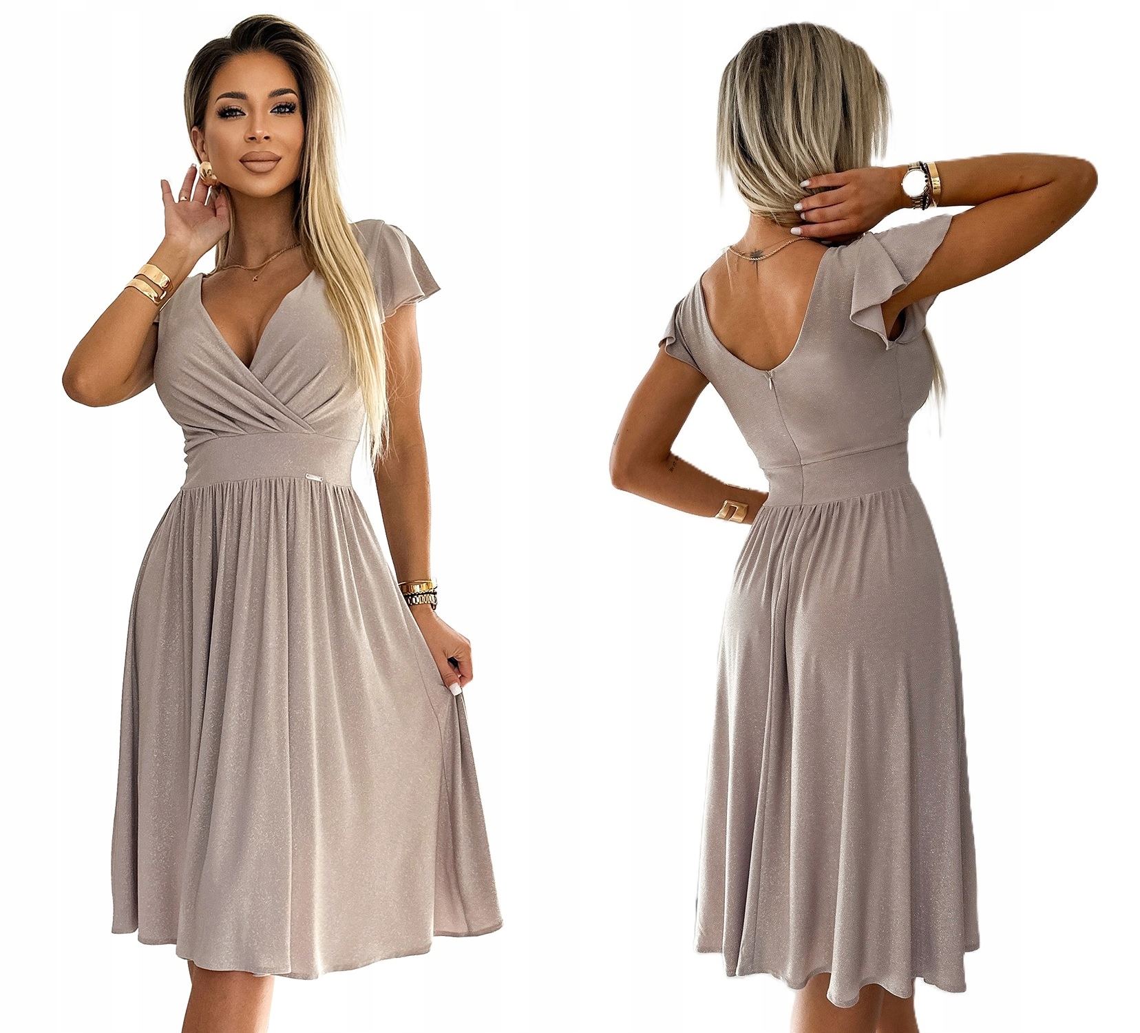 Ženské Šaty S Krátkým Rukávem Jarní Trend Béžové Se Třpytkami L