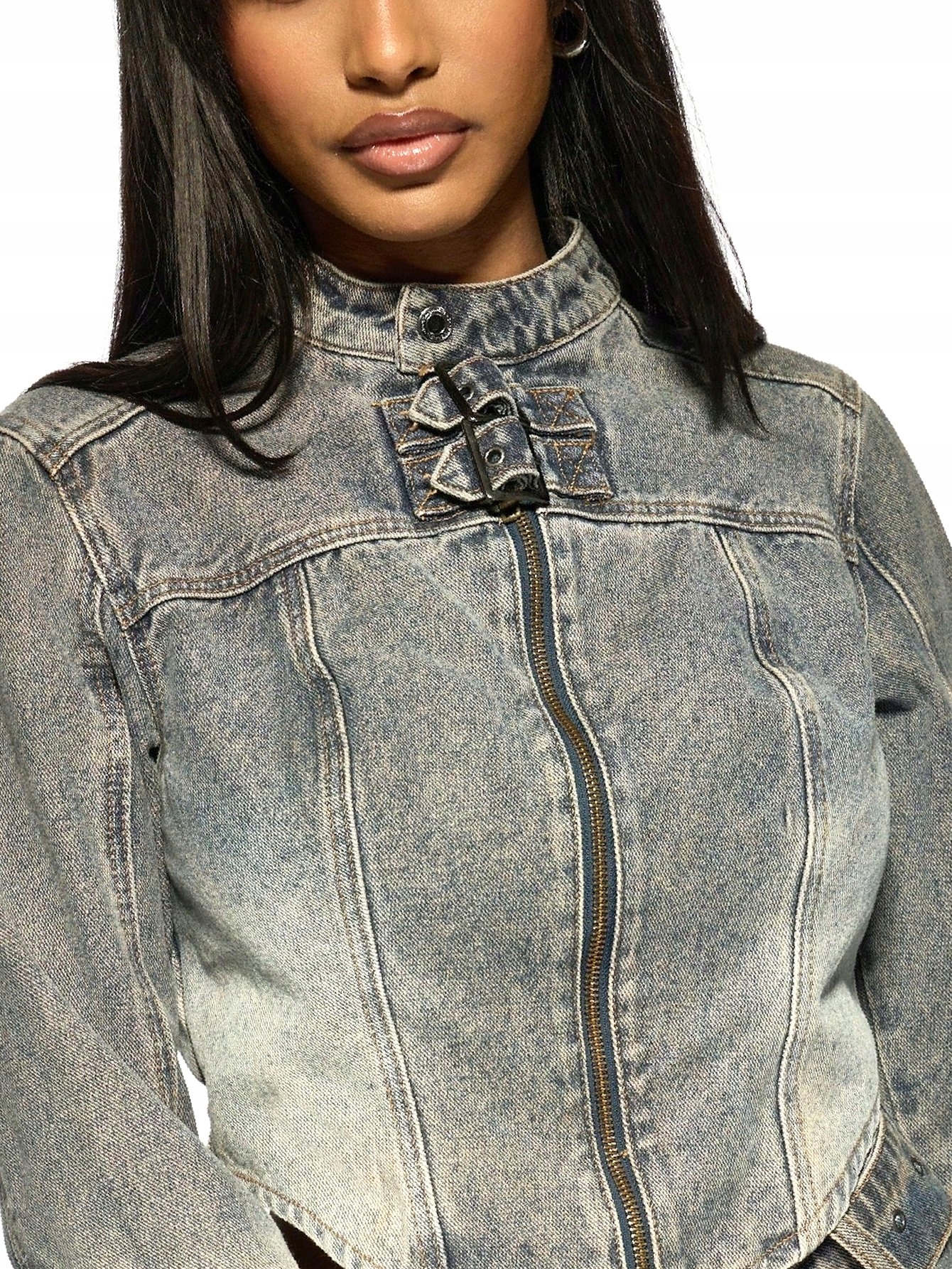 Dámská stínovaná bunda do pasu Missguided Biker Jeansová modrá S 36