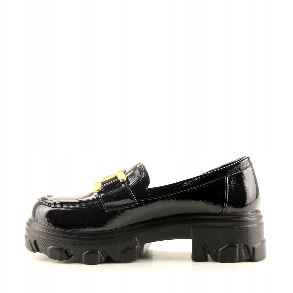 DAMSKIE HIT MOKASYNY Z ŁAŃCUCHEM 16370 CZARNE LAK 40 Oryginalne opakowanie producenta pudełko